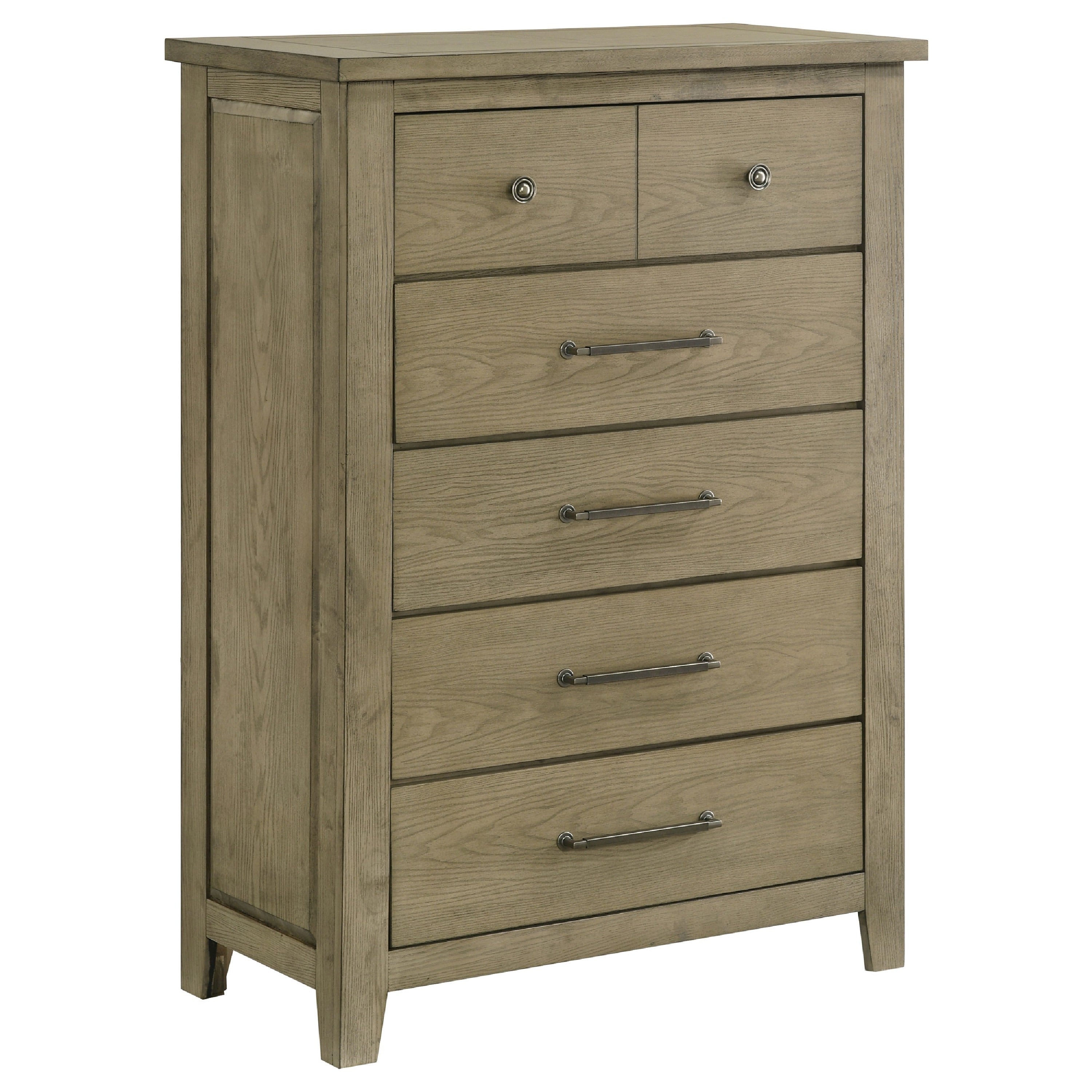 Hazel Tall Dresser Chest 5 Drawers Antique Nickel Metal Oak Brown Wood