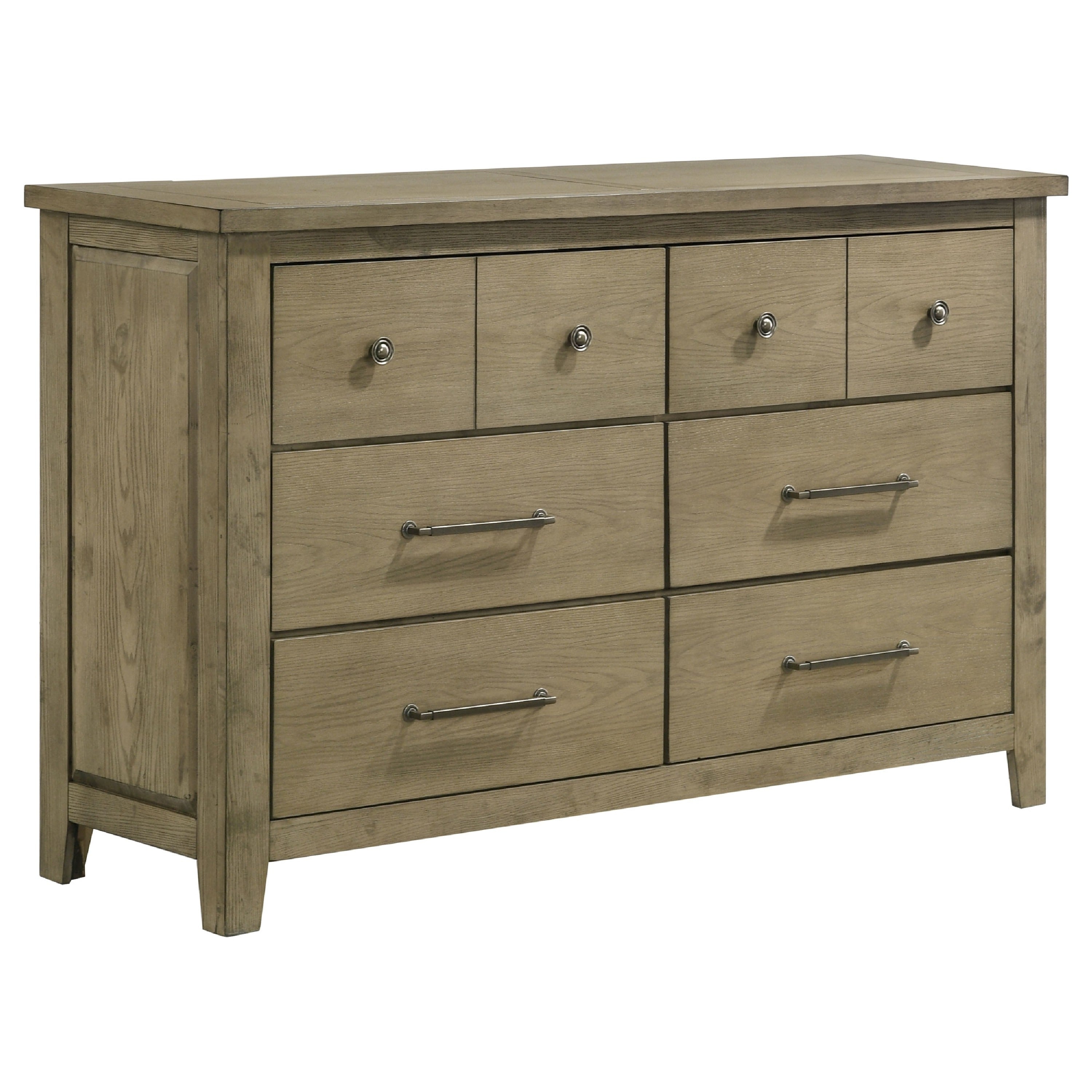 Hazel Wide Dresser 6 Drawers Antique Nickel Metal Oak Brown Wood