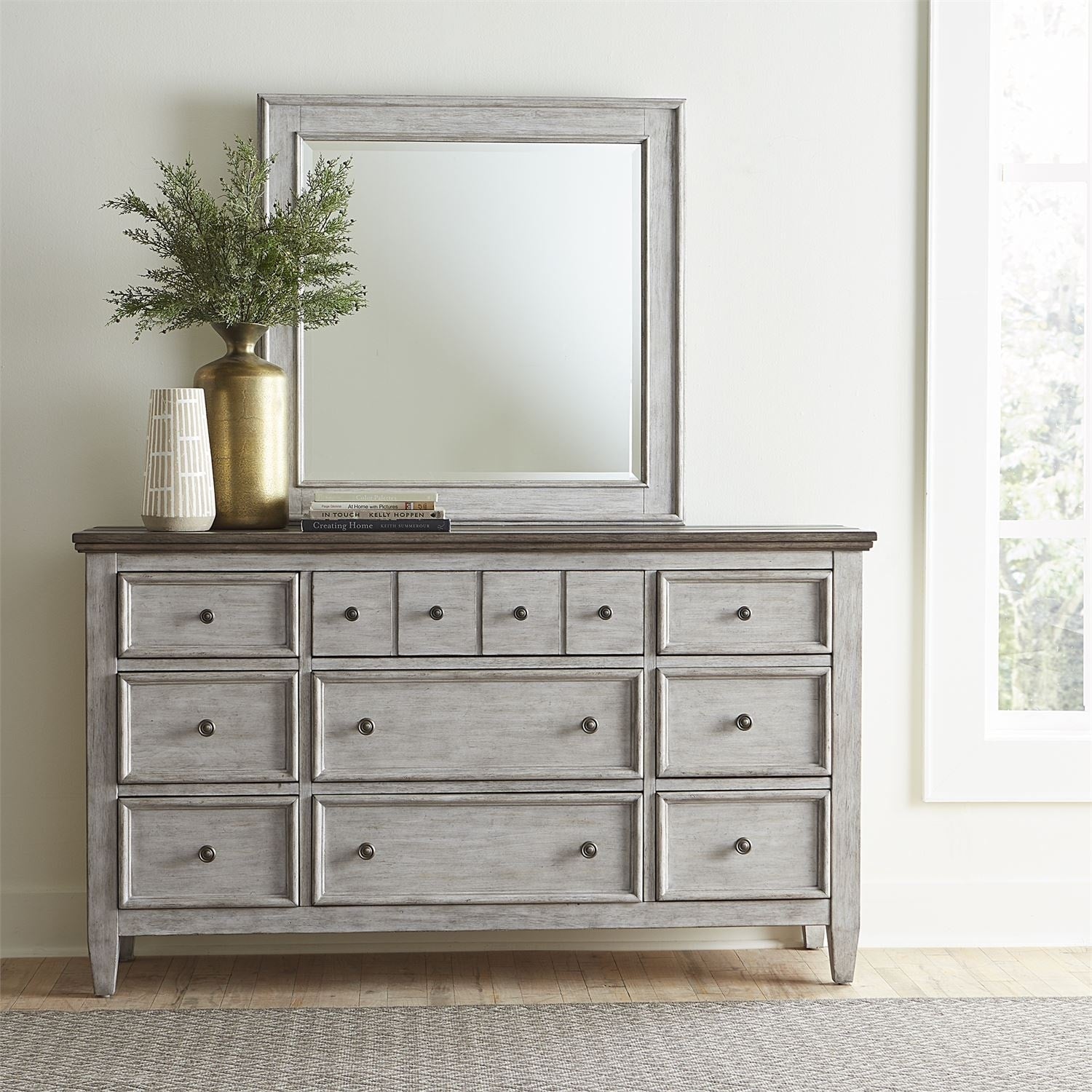 Heartland Antique White With Tobacco Dresser And Landscape Mirror