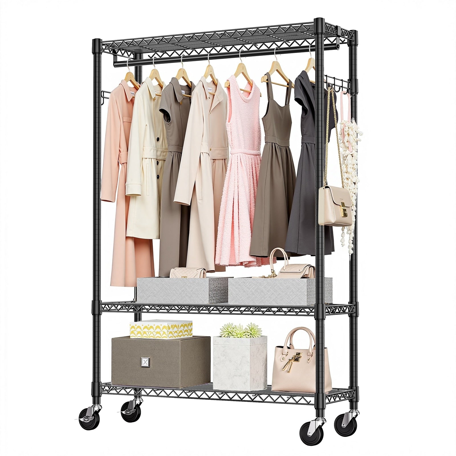 Heavy Duty Rolling Garment Rack 3 Tiers Adjustable Wire Shelving Clothes Rack With 1 Rods And Side Hooks