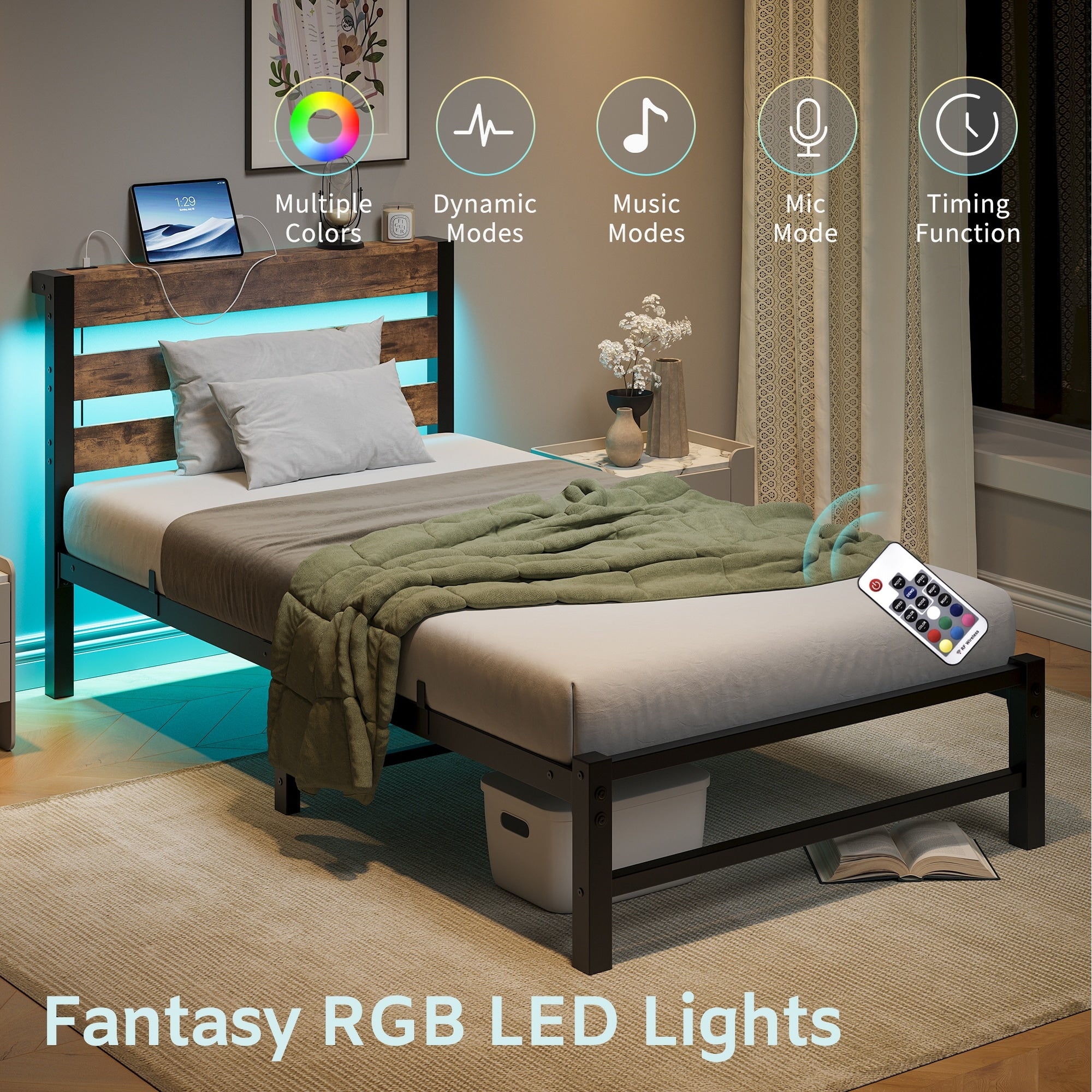 Heavy Duty Twin Bed Frame With Headboard Usb Charging Led Lights