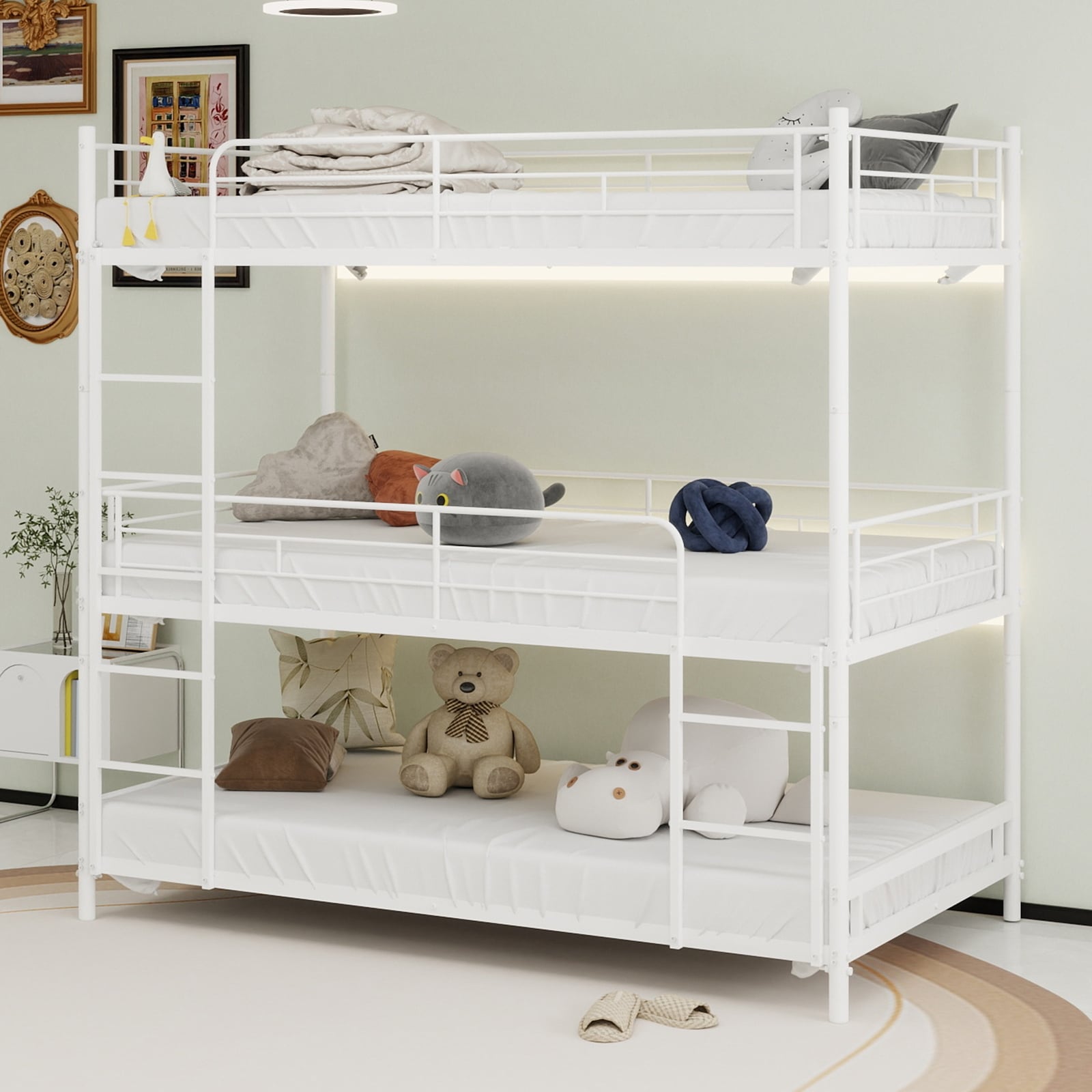 Heavy Duty Triple Frame Bed With Built In Ladder And Full Length Railing Floor Safe For Children Teens Adults Bedroom Dorm Room
