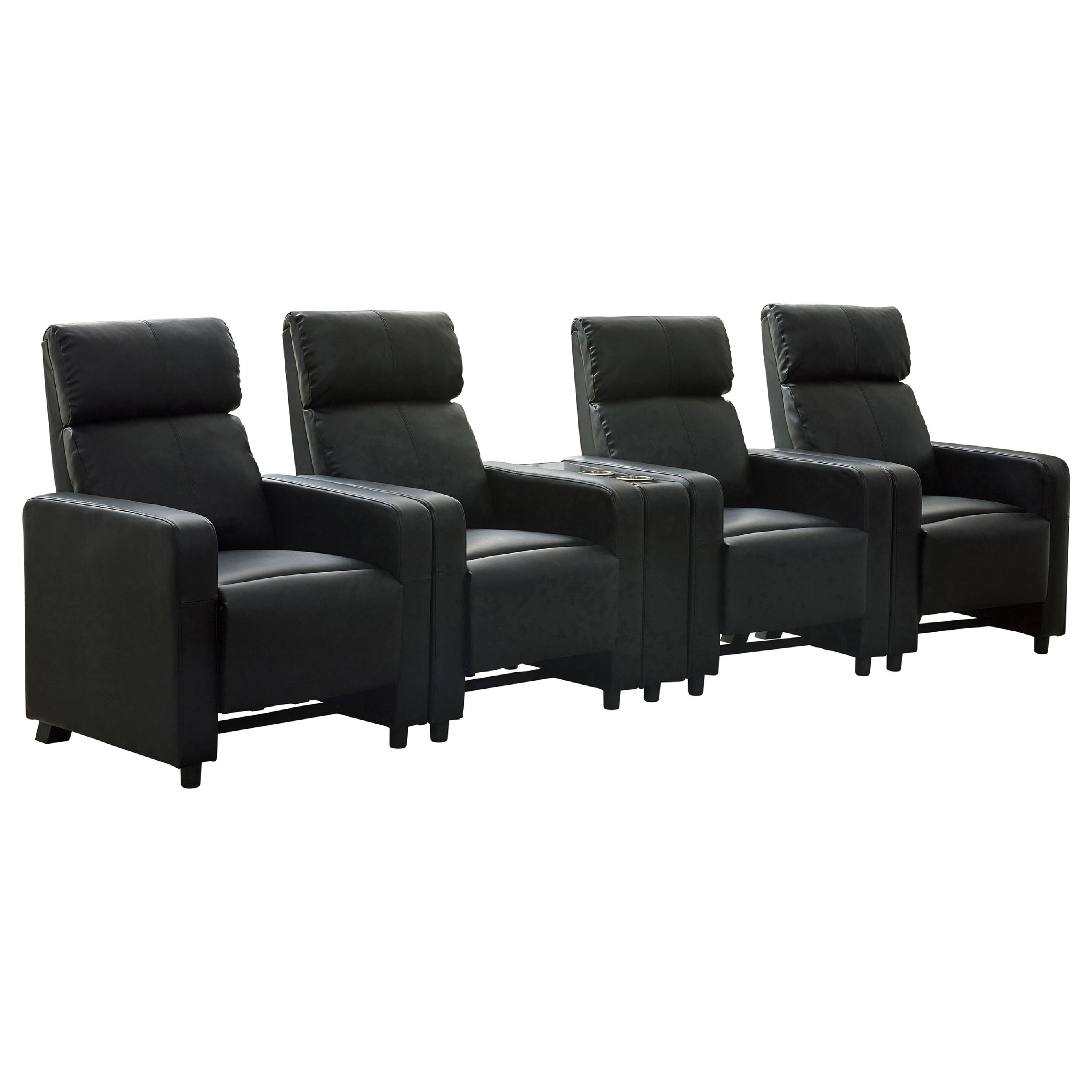 Heena Home Theater Set 4 Manual Recliners 1 Console Black Faux Leather
