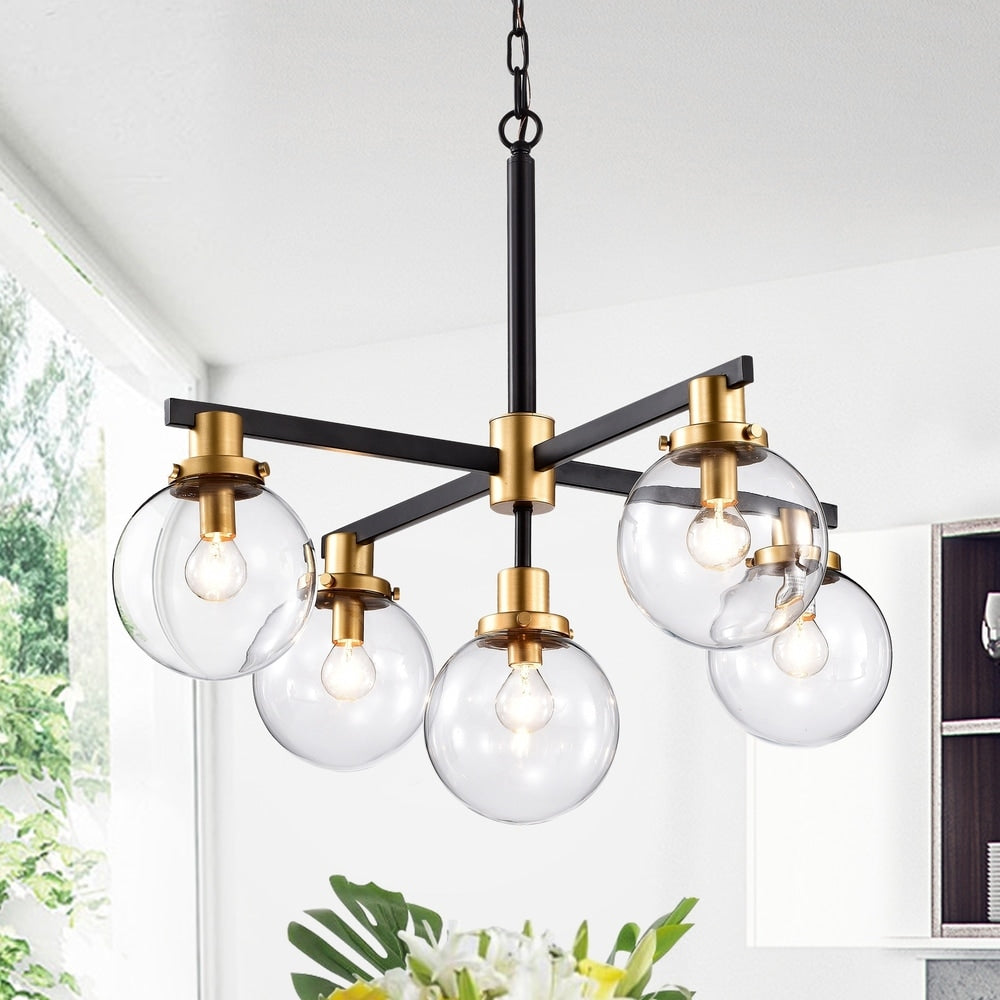 Carbon Loft Mckinnon 5 Light Matte Black And Gold Chandelier With Glass Globe Shades