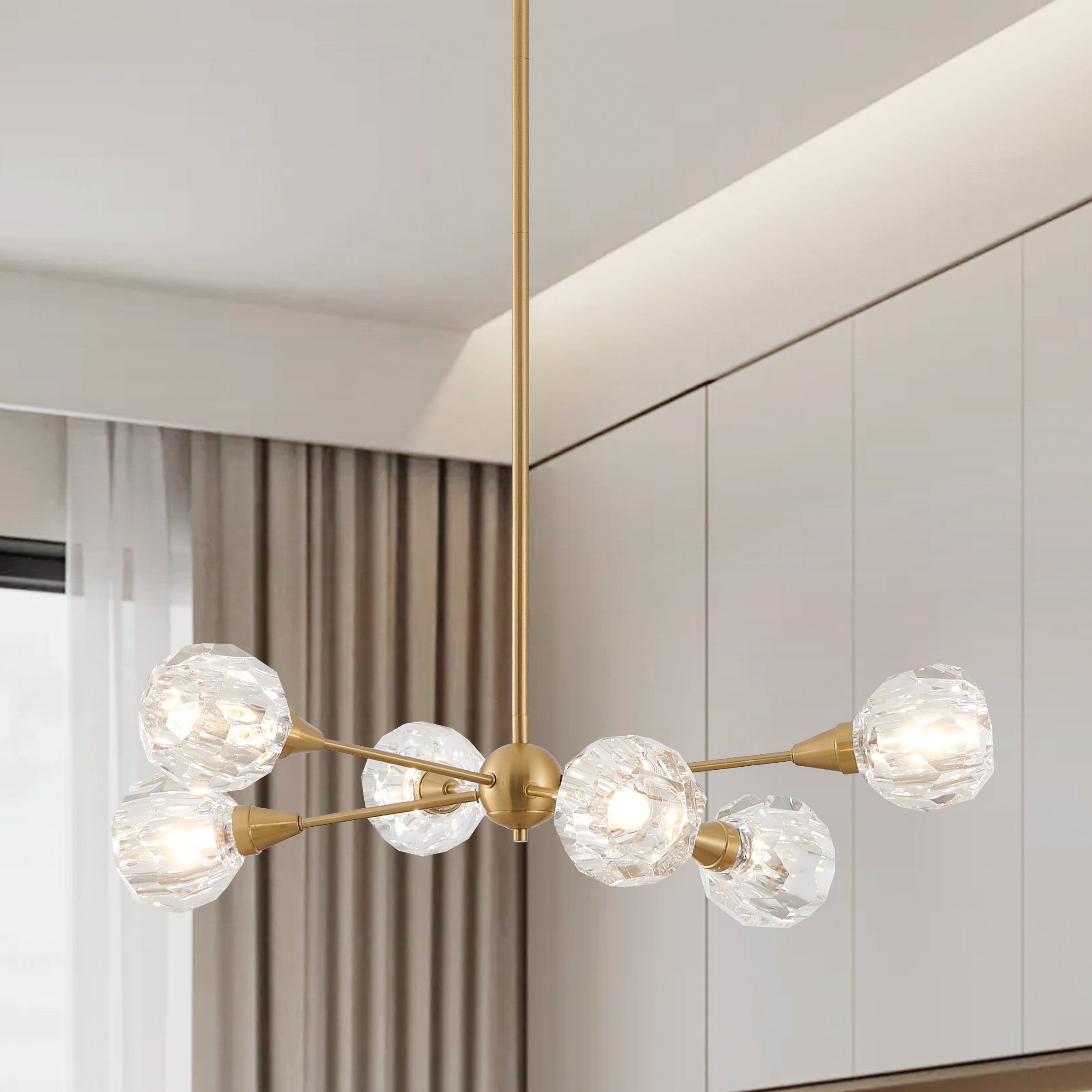Helena 32 Inch 6 Light Brushed Gold Chandelier With Clear Acrylic Shades L 32 X W 32 X H 8.25 X M H 64