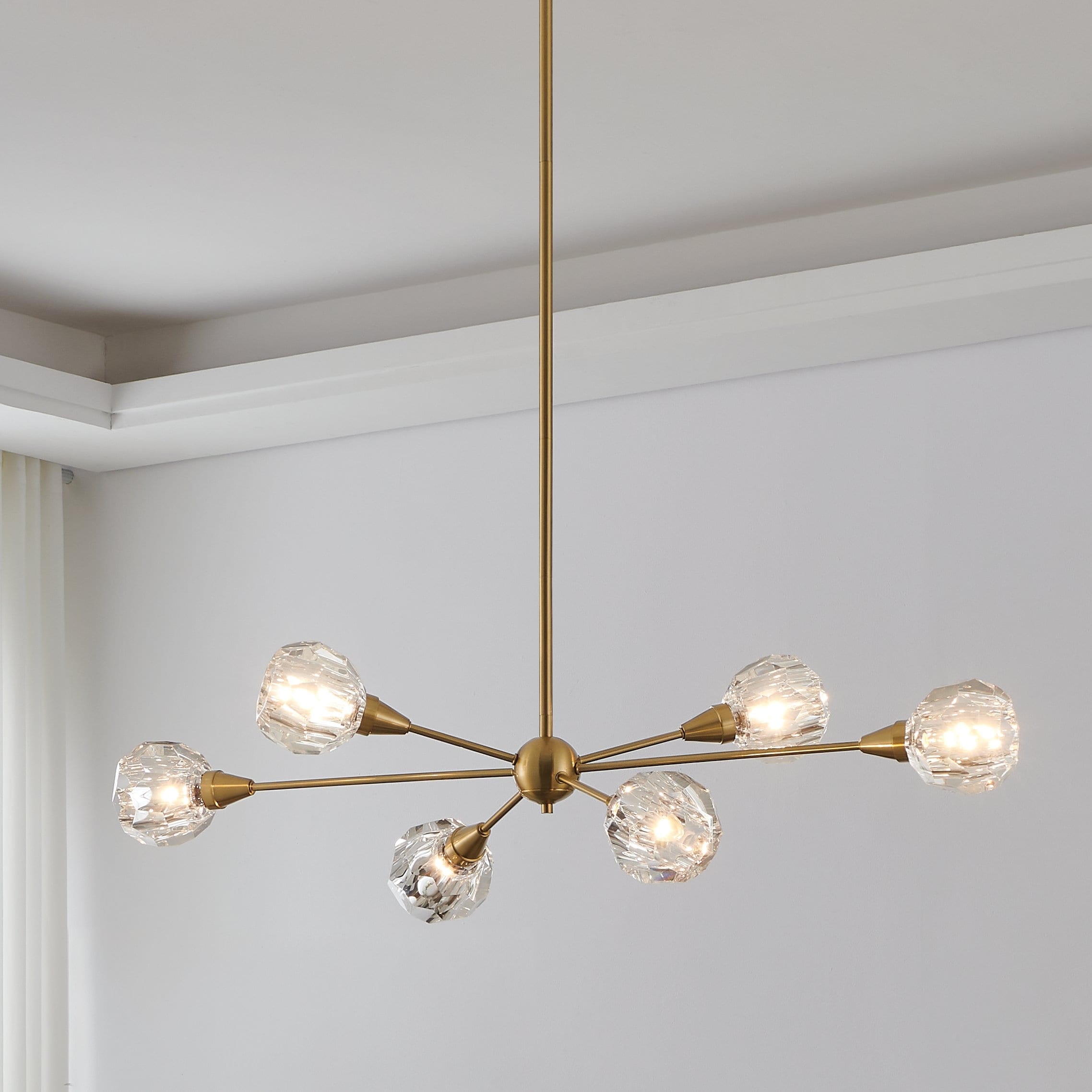 Helena 42 Inch 6 Light Brushed Gold Chandelier With Clear Acrylic Shades L 42 X W 18.5 X H 11.25 X M H 64.75