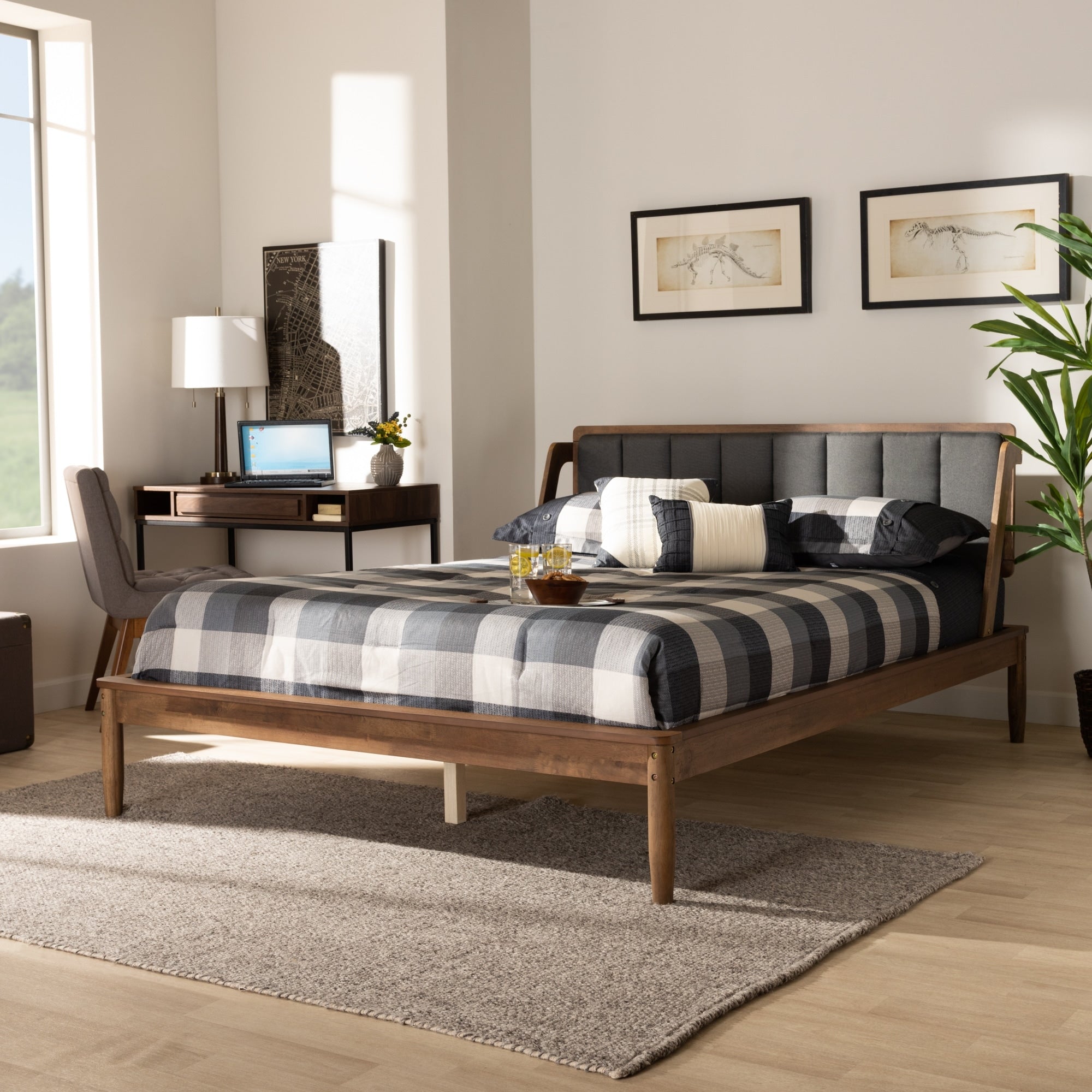 Helsa Dark Grey Fabric And Walnut Finished Full Size Platform Bed