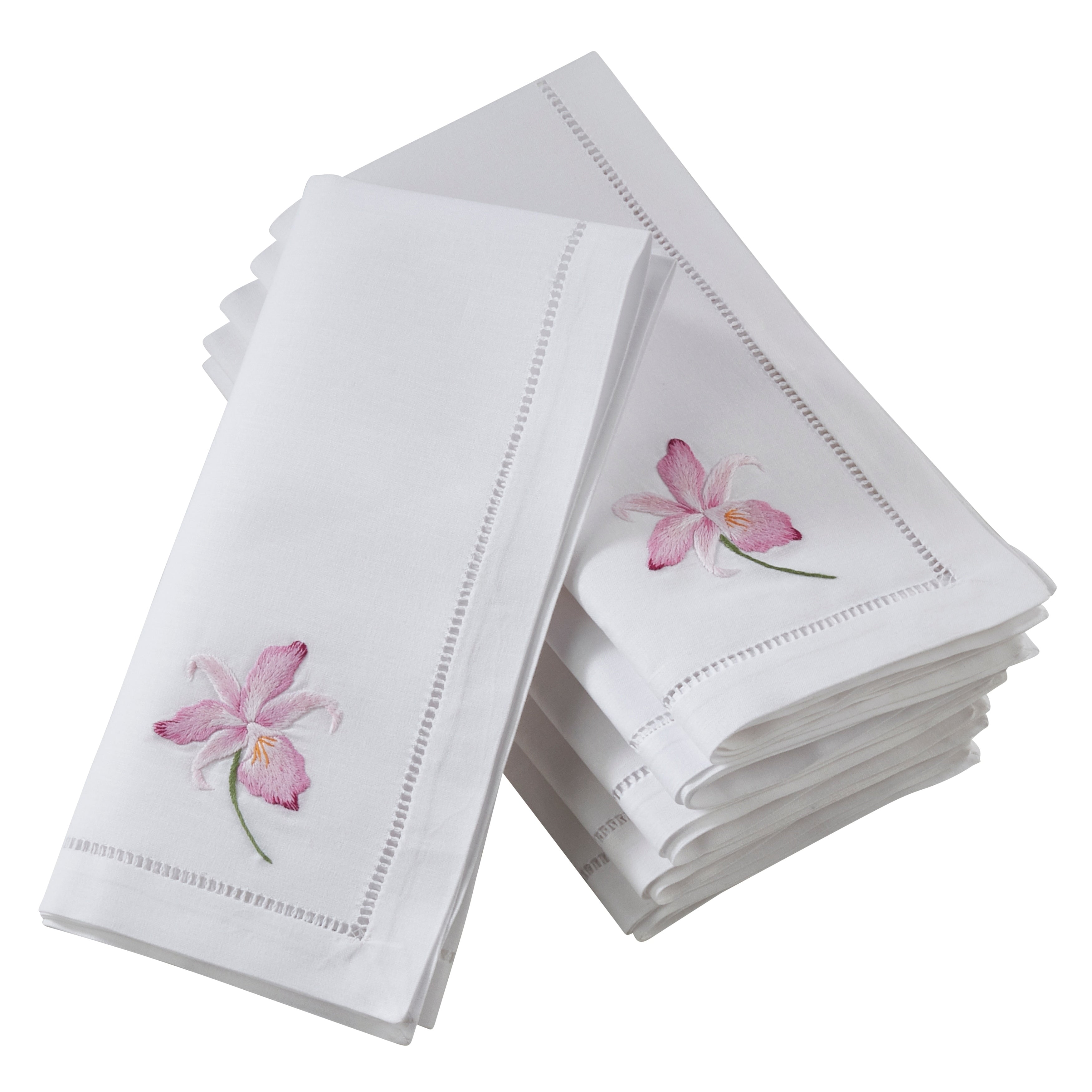 Saro Lifestyle Cotton Hemstitch Border Napkins With Fuchsia Embroidery Set Of 6