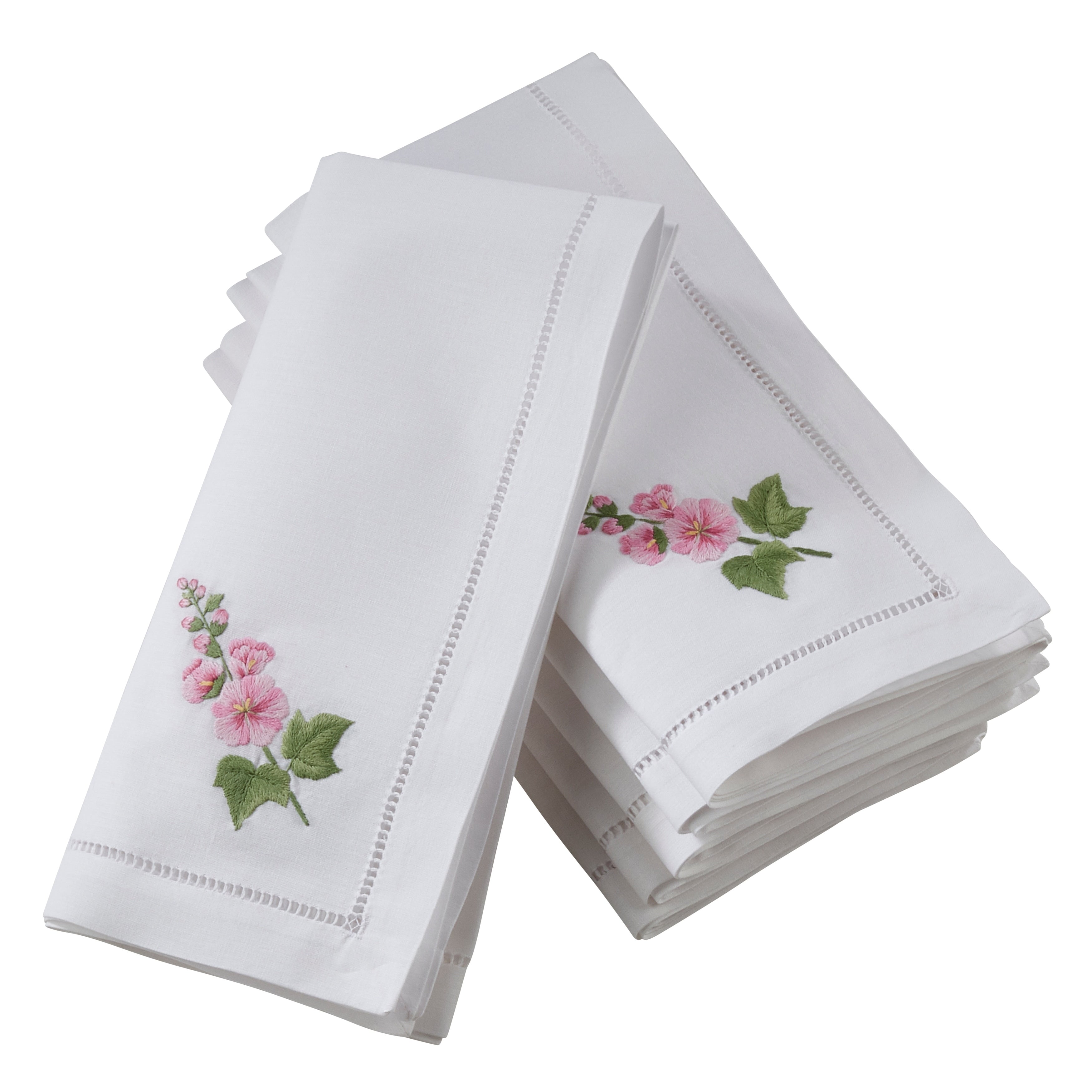 Saro Lifestyle Hemstitch Cotton Napkins With Hollyhock Embroidery Set Of 6