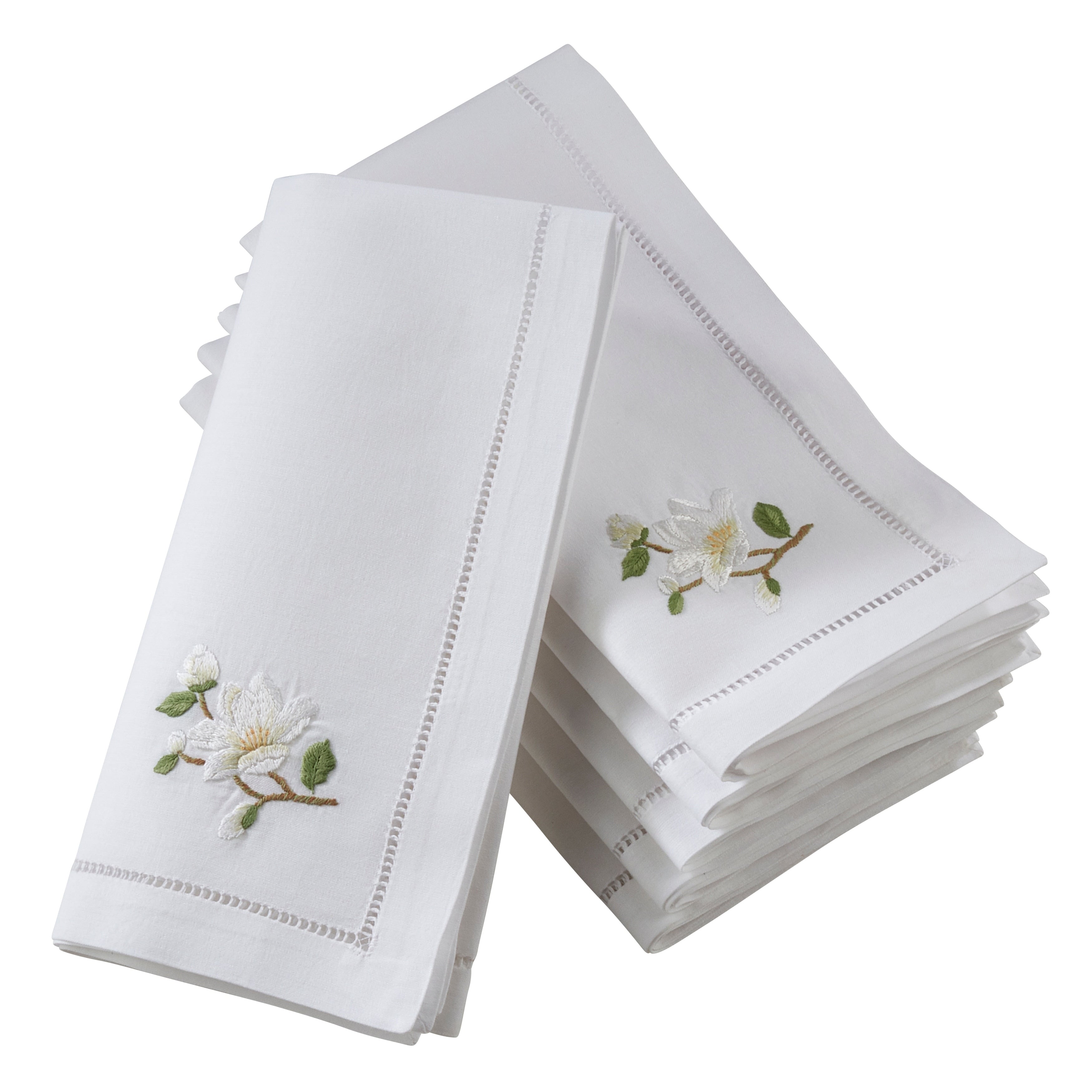 Saro Lifestyle White Cotton Hemstitched Square Table Napkins With Magnolia Embroidery Set Of 6