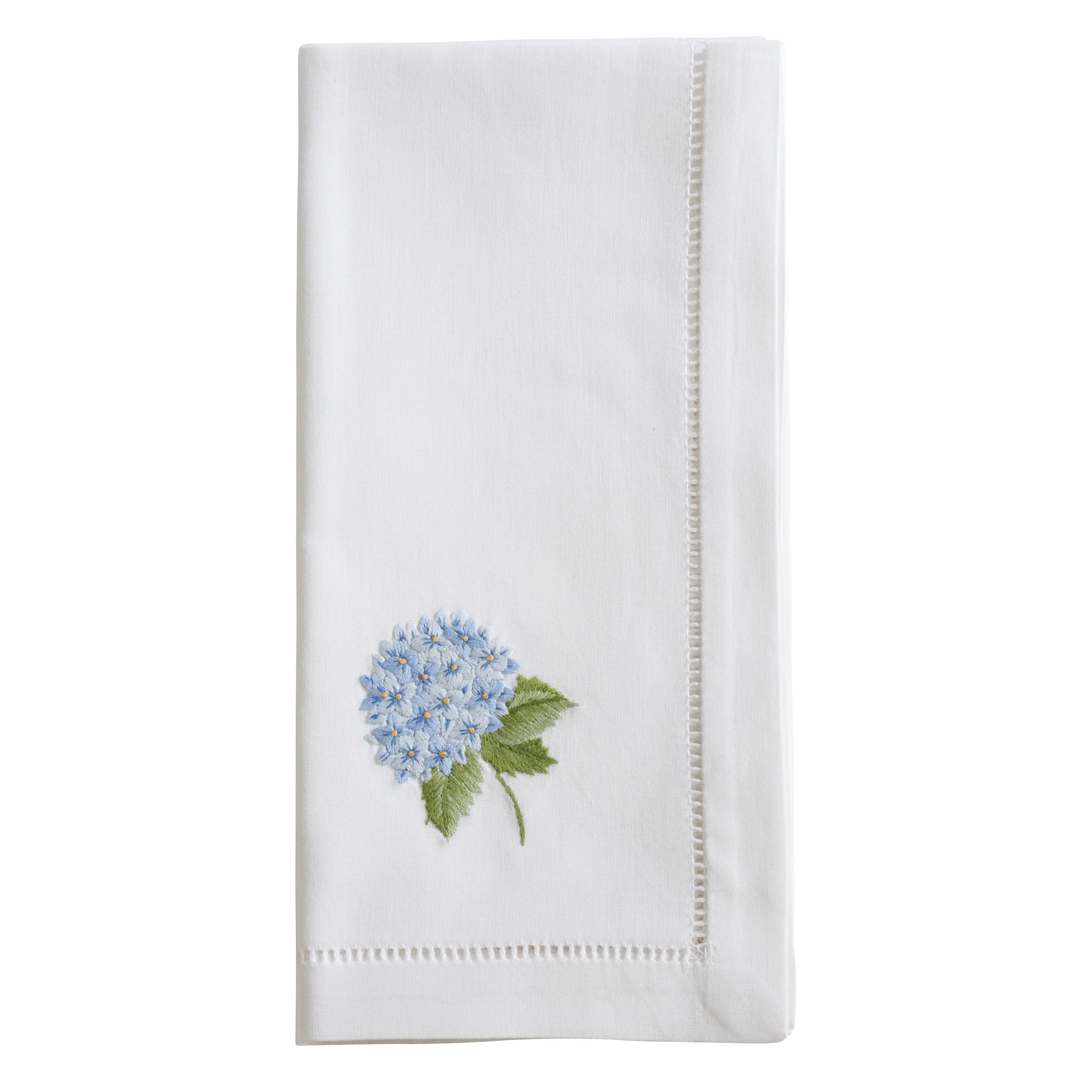 Hemstitch Napkins With Embroidered Blue Hydrangea Design Set Of 6