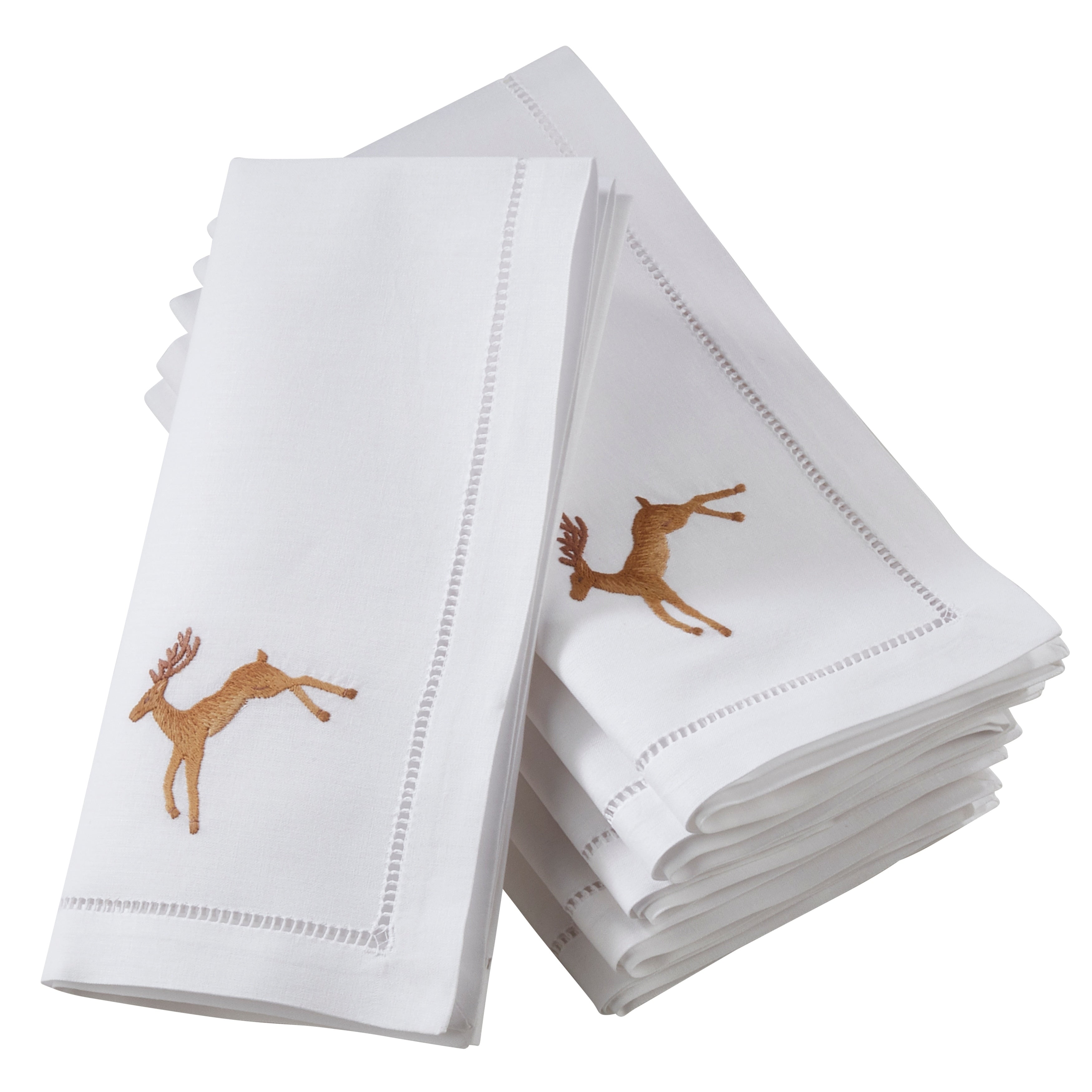 Brown Cotton Embroidered Reindeer Design Hemstitch Napkins