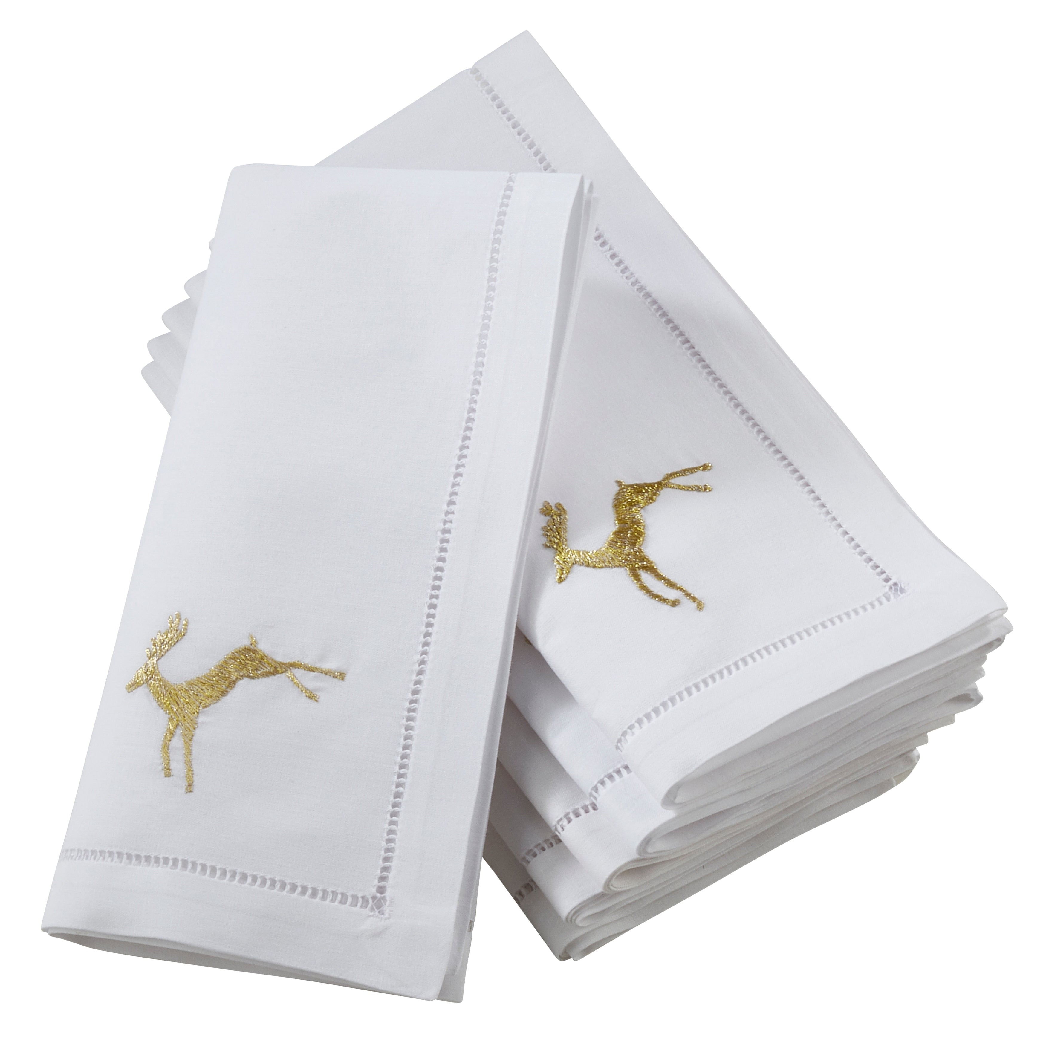 Saro Lifestyle Cotton Hemstitch Napkins With Embroidered Gold Reindeer Design Set Of 6