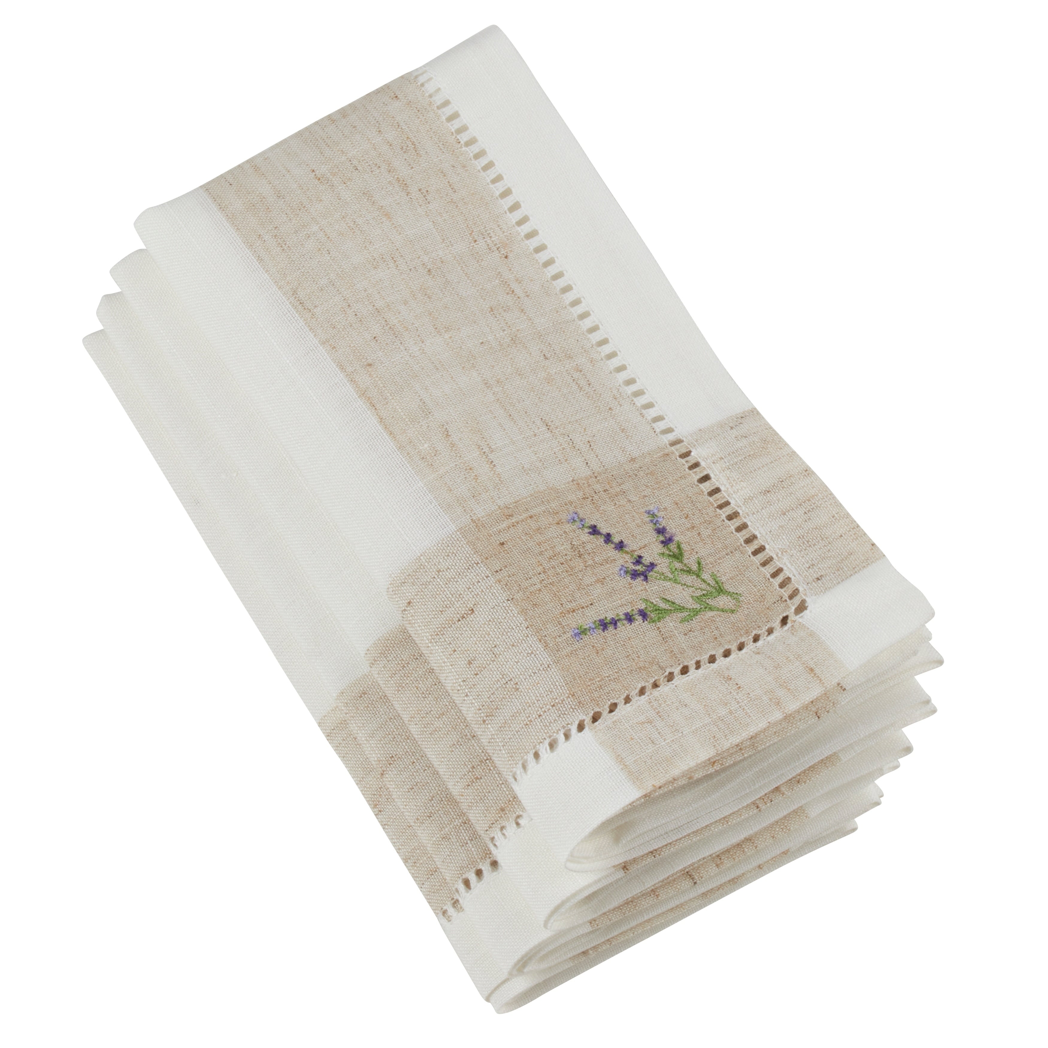 Saro Lifestyle White Beige Embroidered Lavender Design Hempstitch Table Napkins Set Of 4