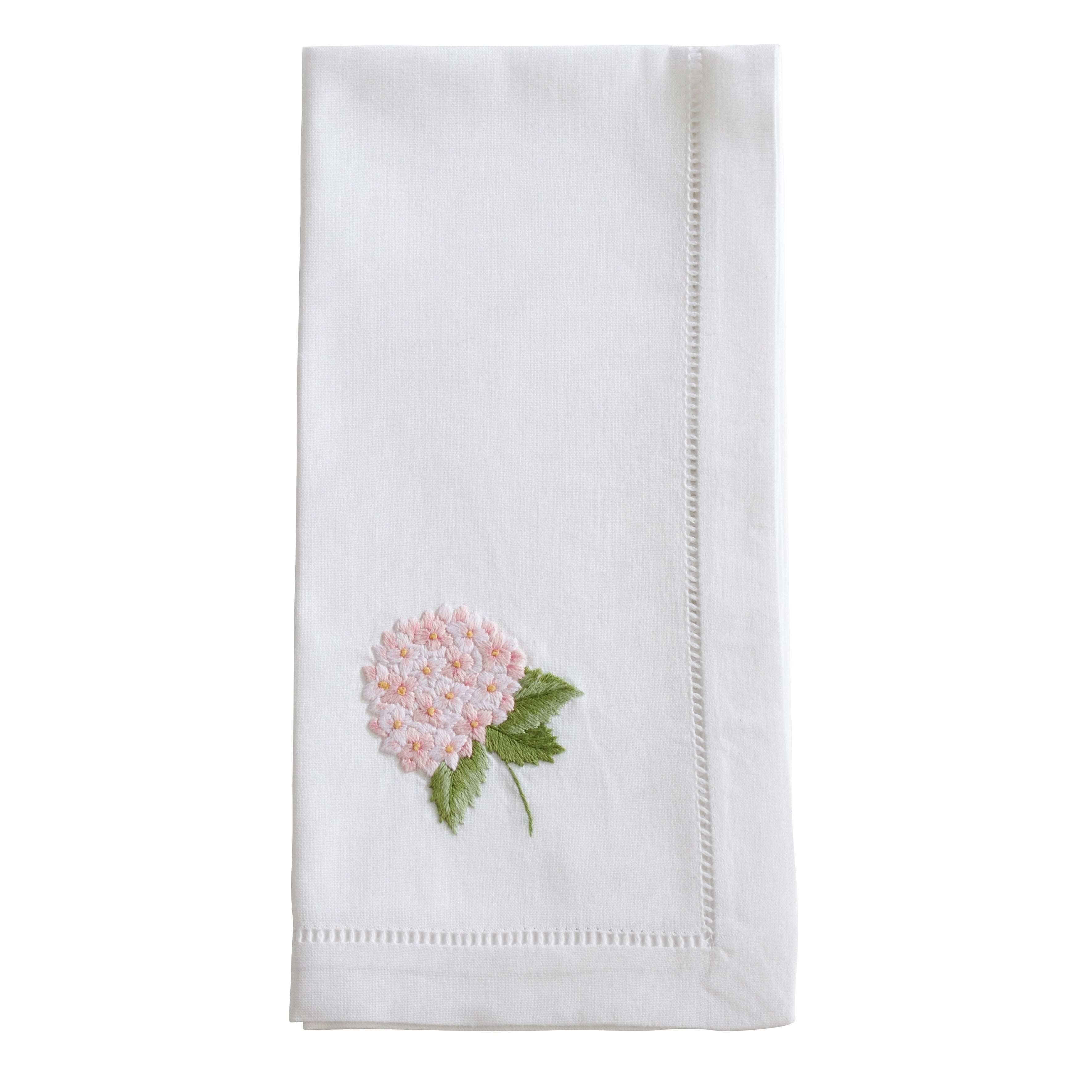 Hemstitch Napkins With Embroidered Pink Hydrangea Design Set Of 6