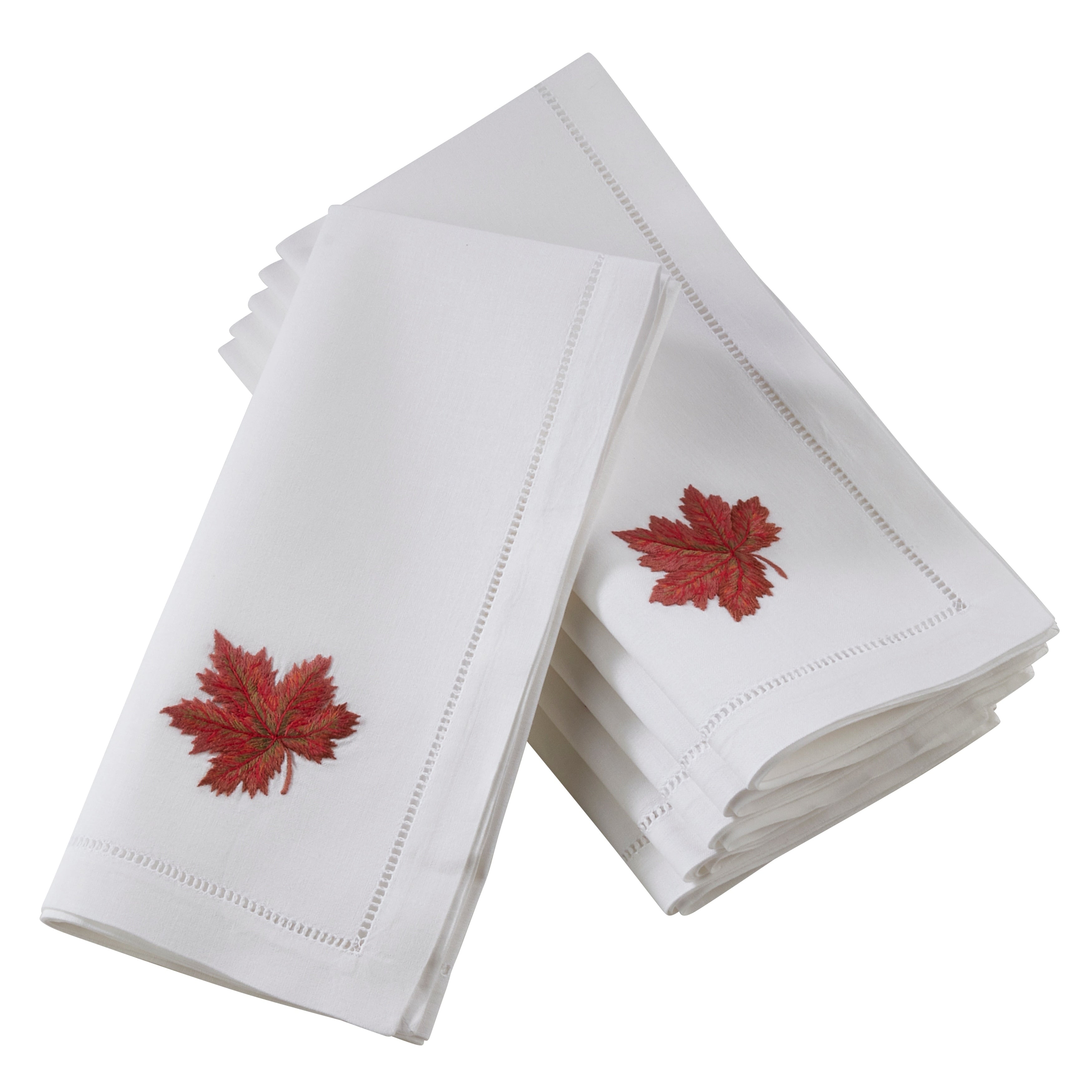 Saro Lifestyle White Cotton Hemstitch Embroidered Autumn Leaf Table Napkins Set Of 6