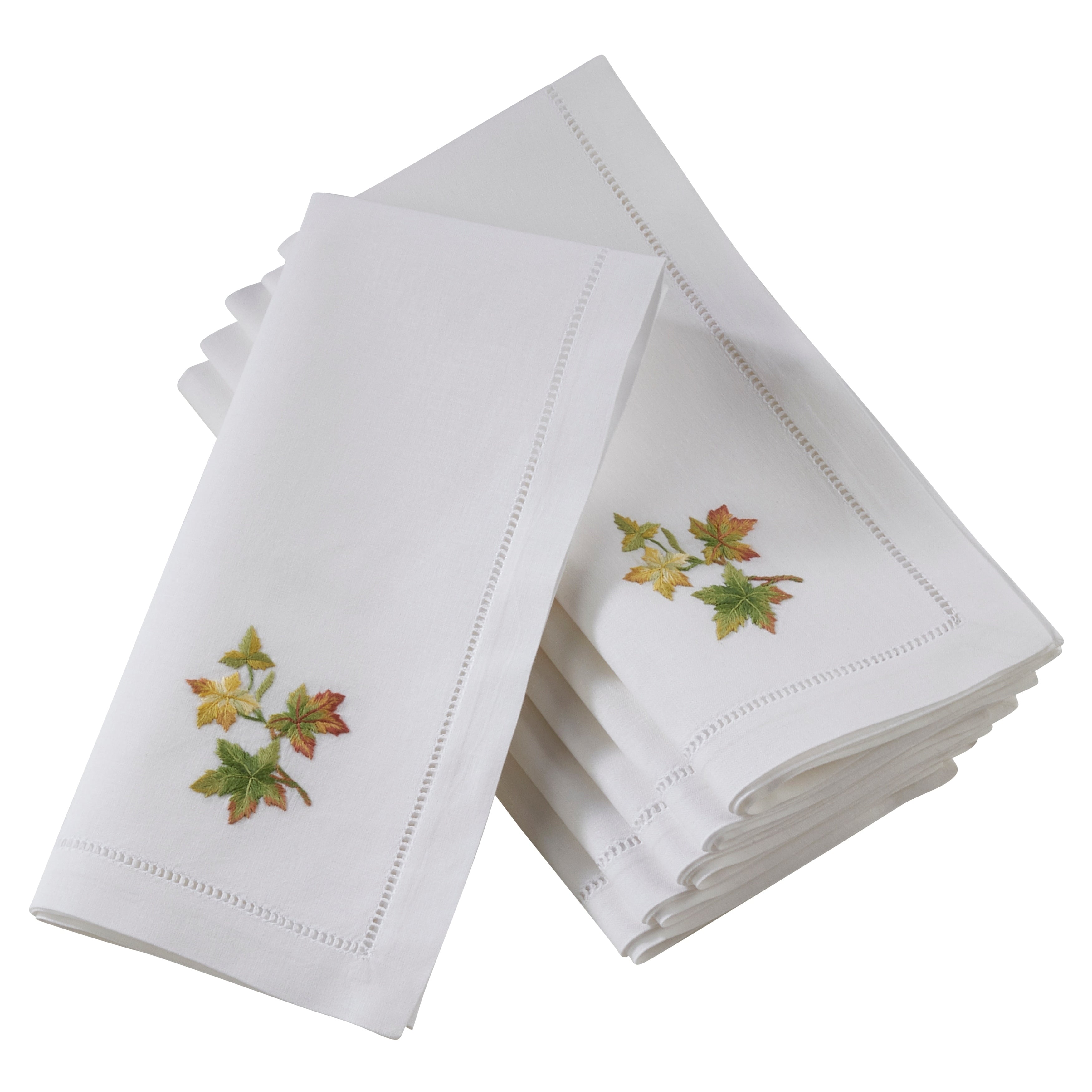Saro Lifestyle Hemstitch Embroidered Fall Leaf Design Cotton Table Napkins Set Of 6