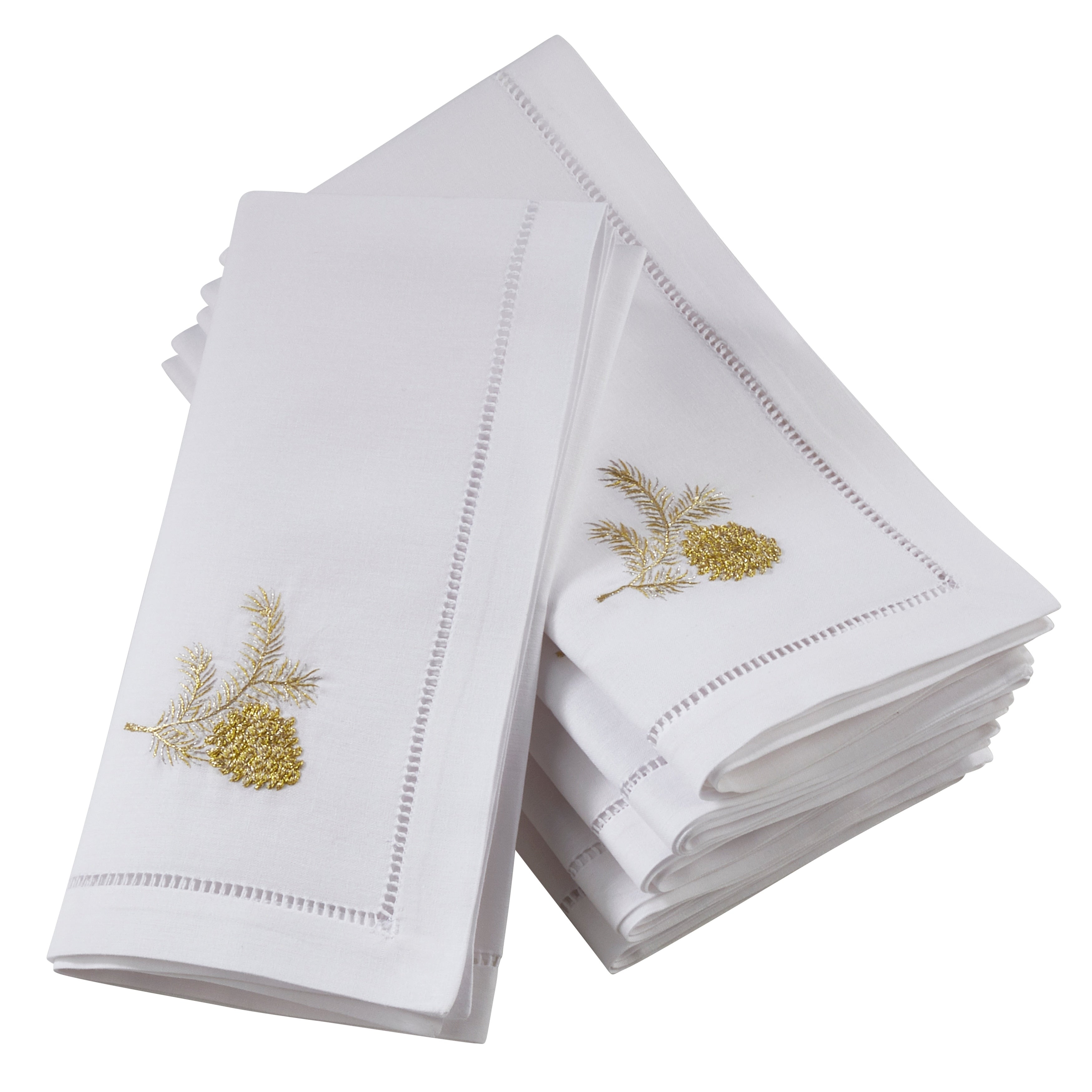 Embroidered Pine Cone Design Hemstitch Table Napkins Set Of 6