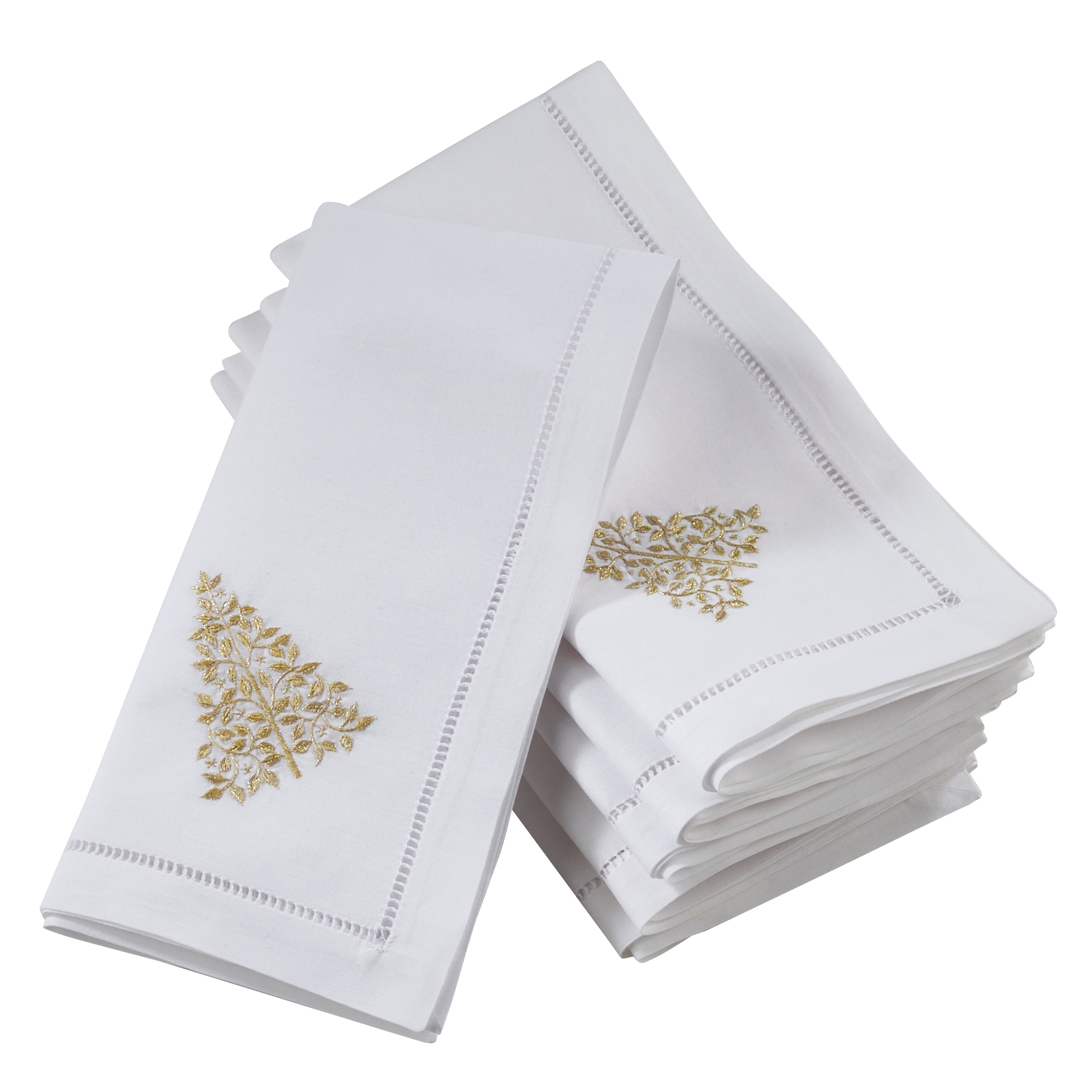 Saro Lifestyle White Cotton Hemstitch Table Napkins With Embroidered Pine Tree Design Set Of 6