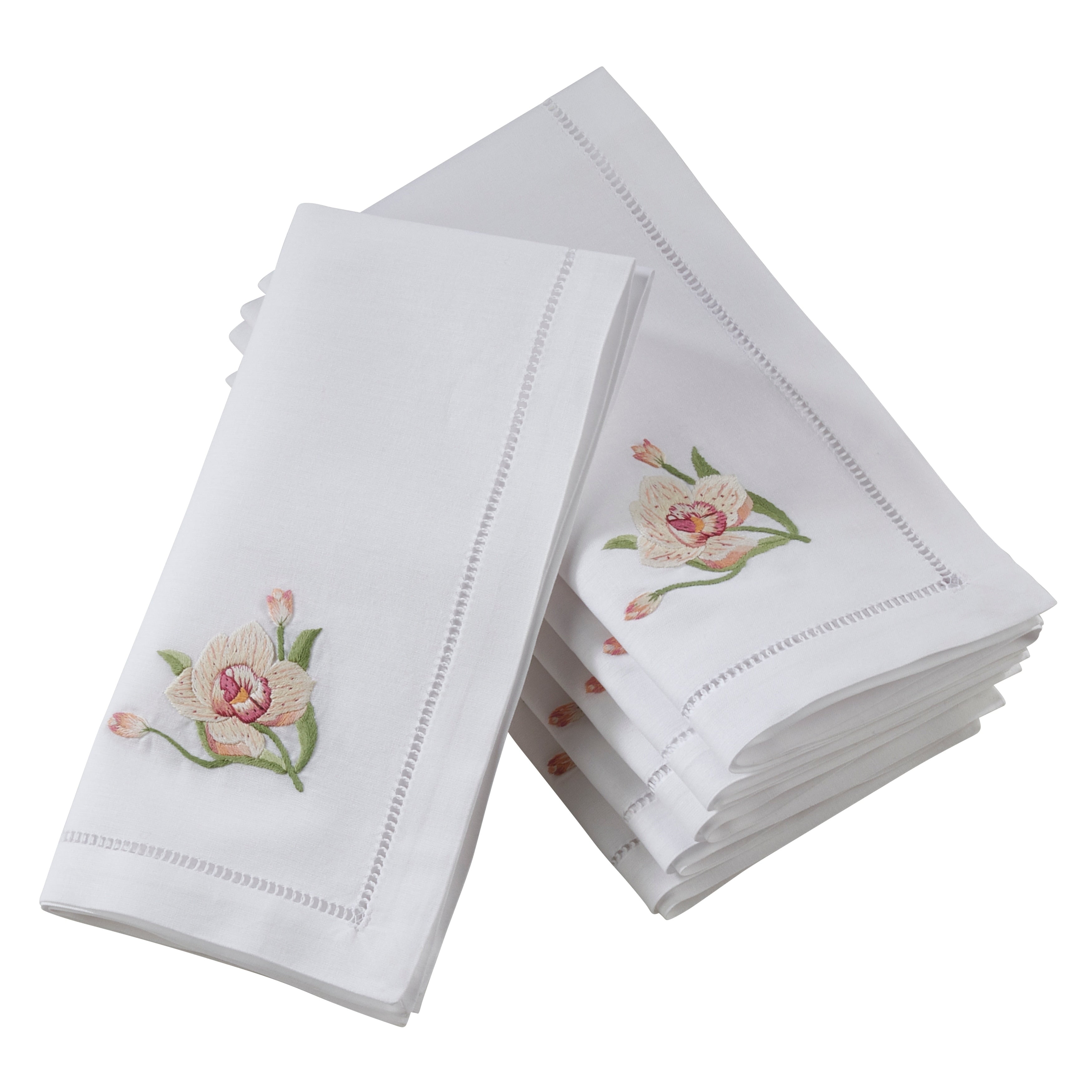 Saro Lifestyle Hemstitch Table Napkins With Pink Orchid Embroidery Set Of 6