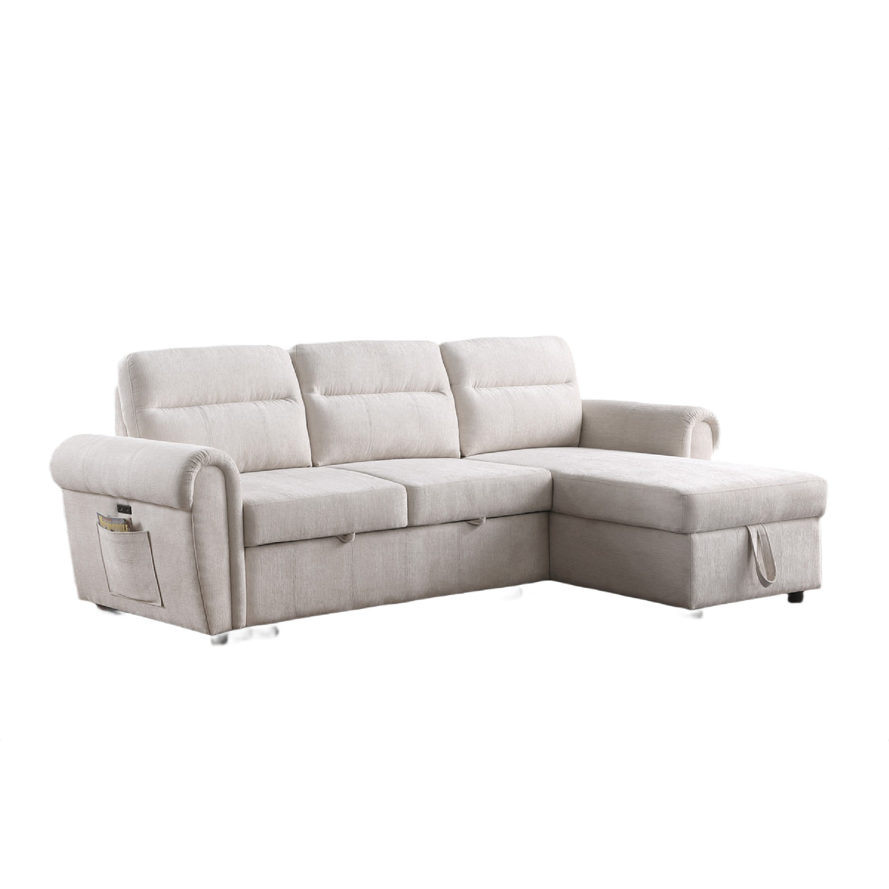 Heny Sleeper Sectional Sofa Storage Chaise Usb Beige Chenille 97 Inch
