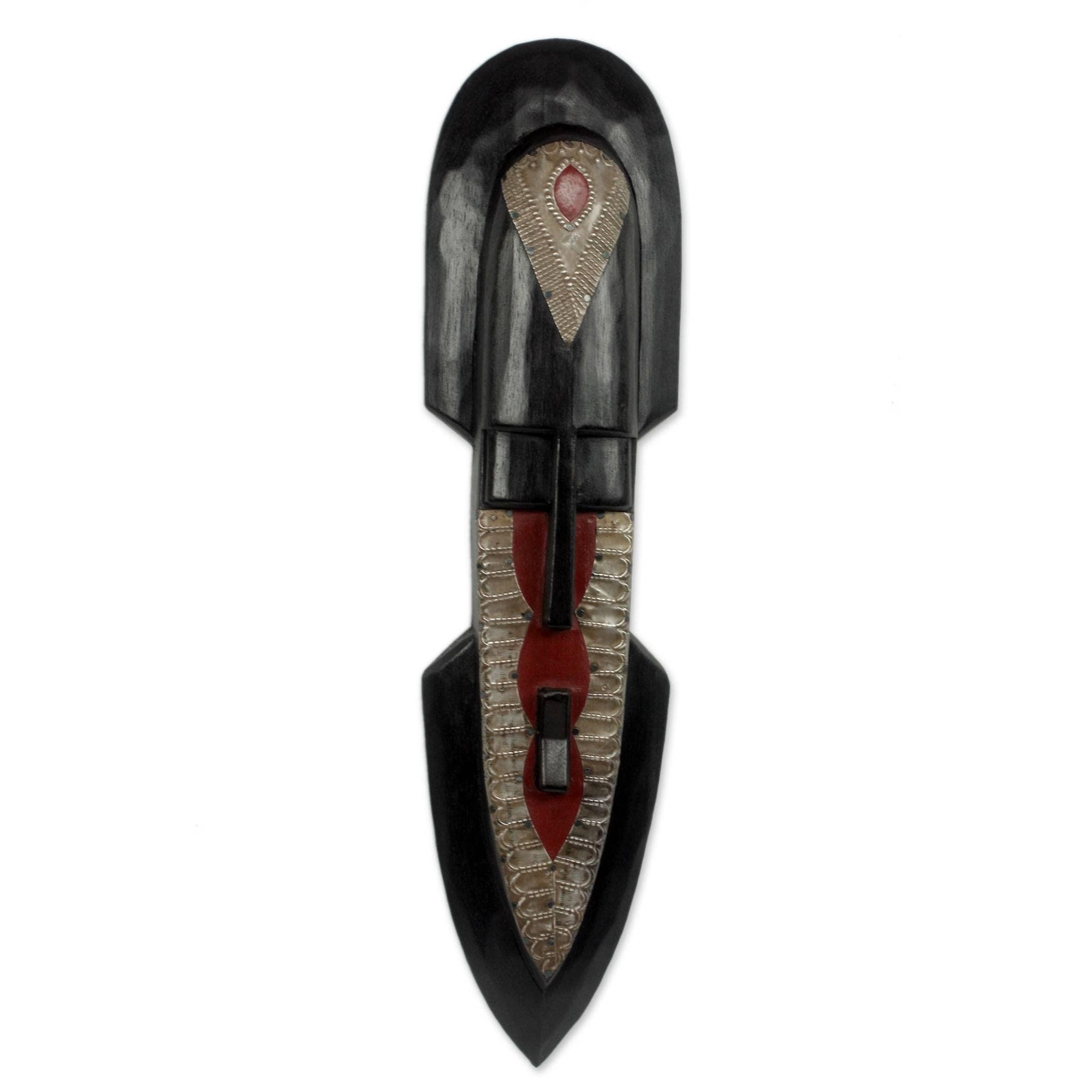 Her Protection Carved Artisan Tribal Artwork Black Sese Wood With Multicolor Paint And Aluminum African Wall Art Mask Ghana