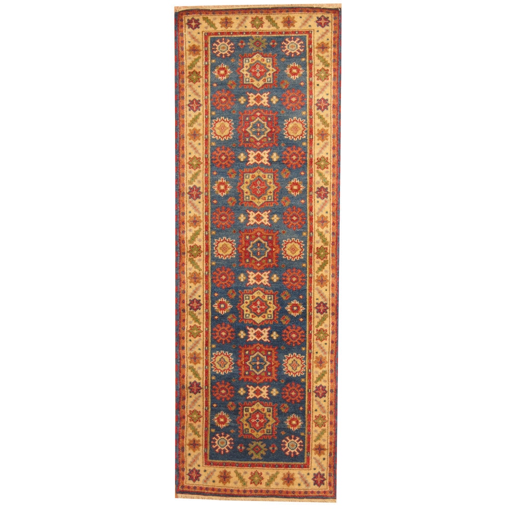 Handmade Herat Oriental Indo Tribal Kazak Blue Ivory Wool Runner India 26 X 8