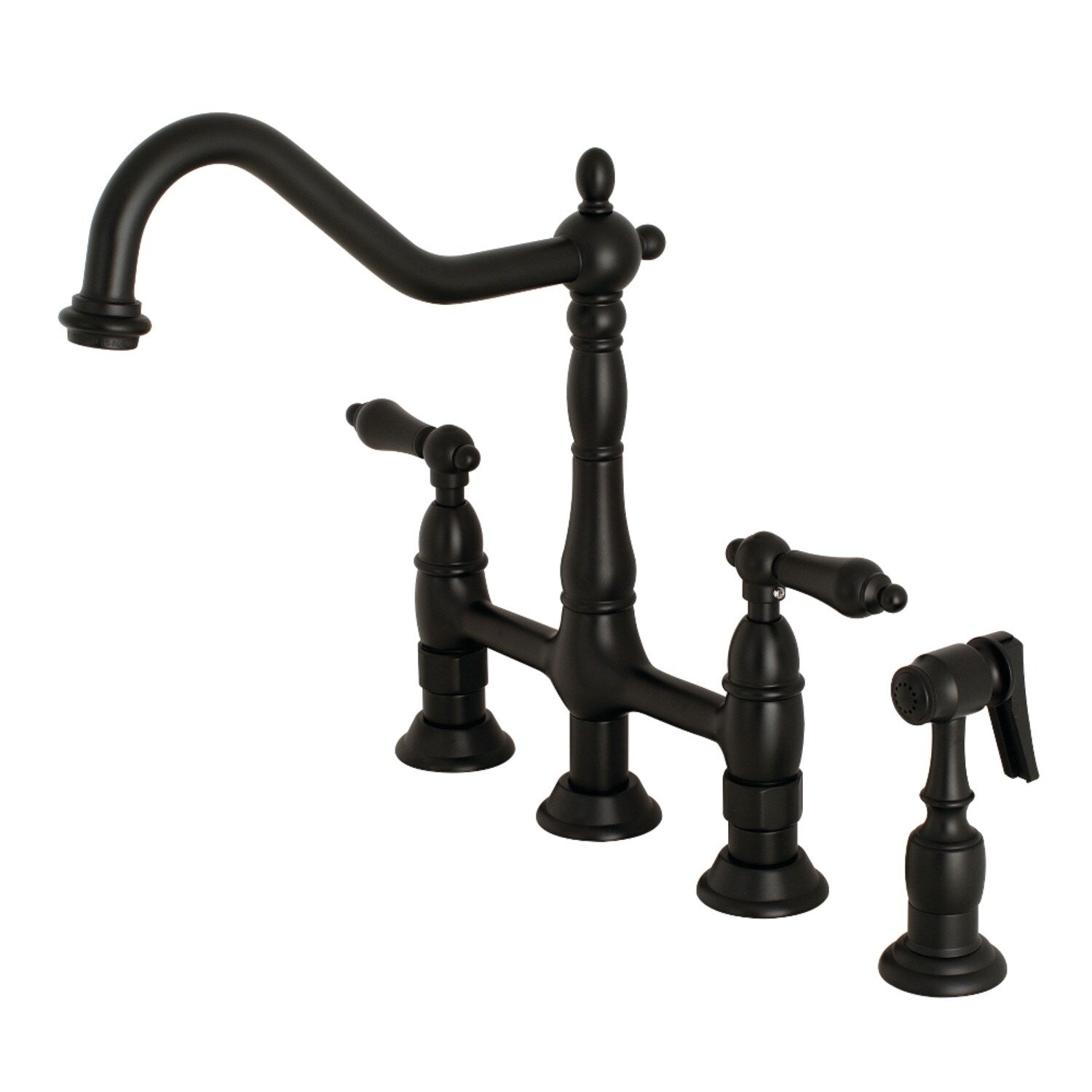 Heritage Bridge Kitchen Faucet With Brass Sprayer In Matte Black
