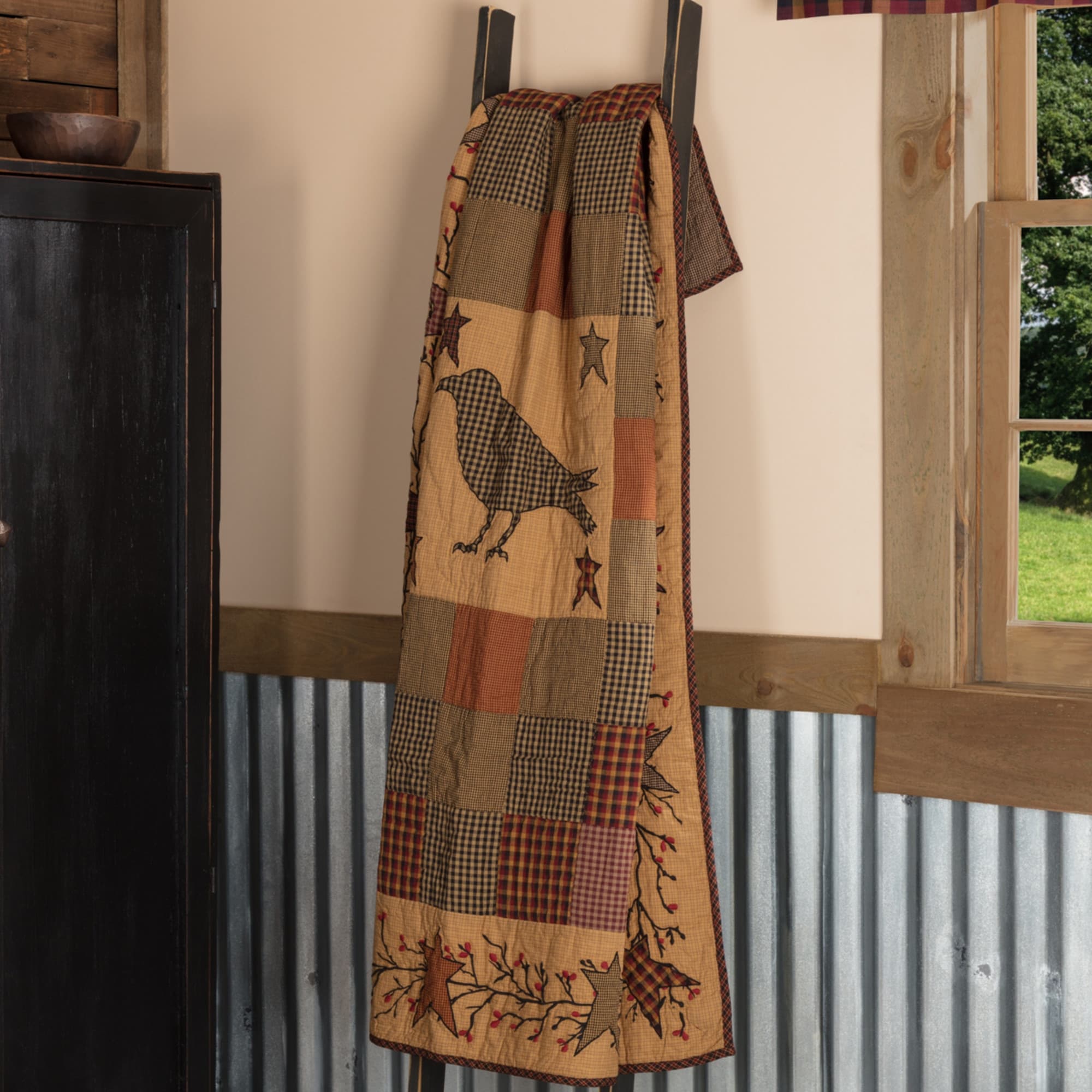 Vhc Heritage Farms Burgundy Red Primitive Rustic Decor Embroidered Quilted Throw