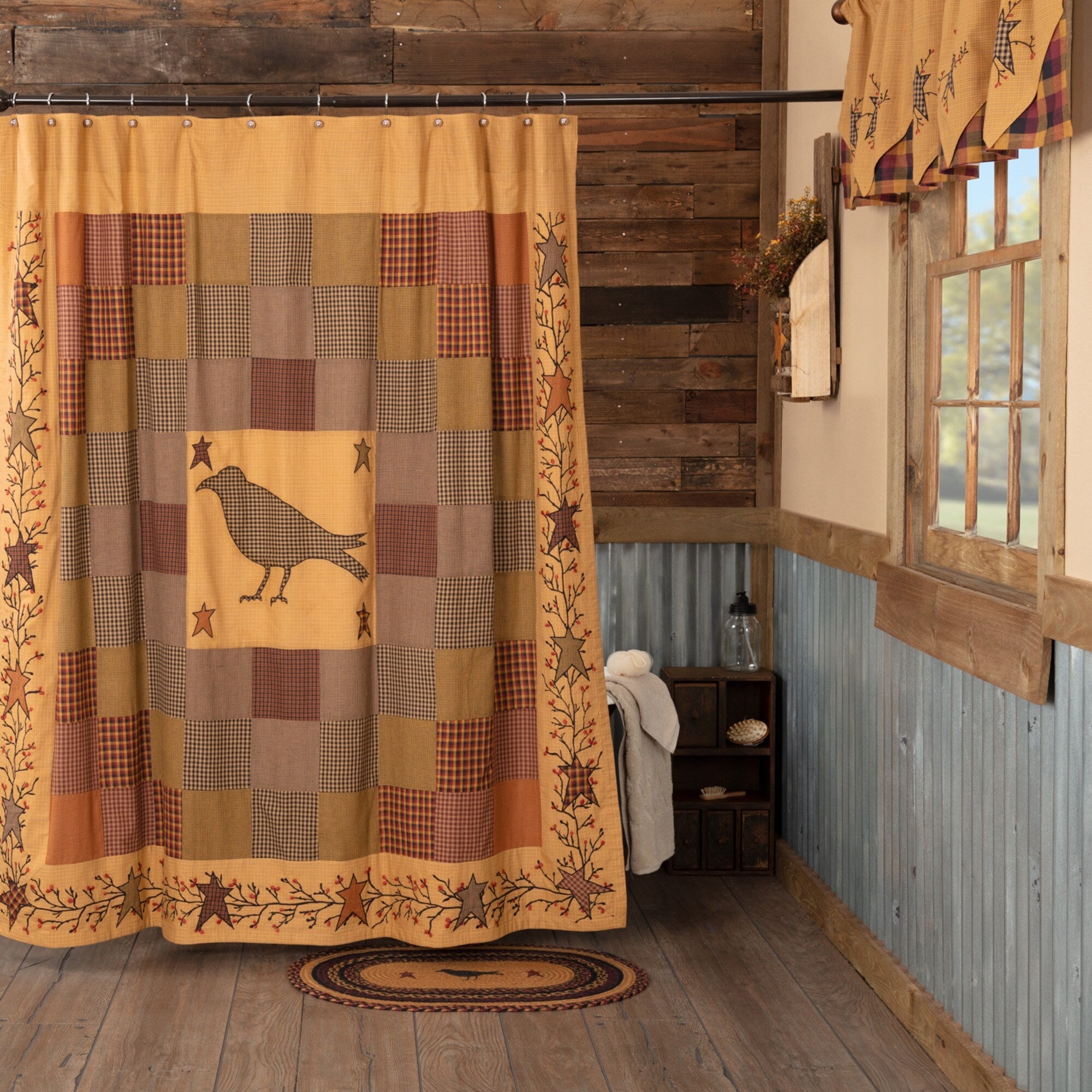 Heritage Farms Red Primitive Bath Crow Embroidered Shower Curtain