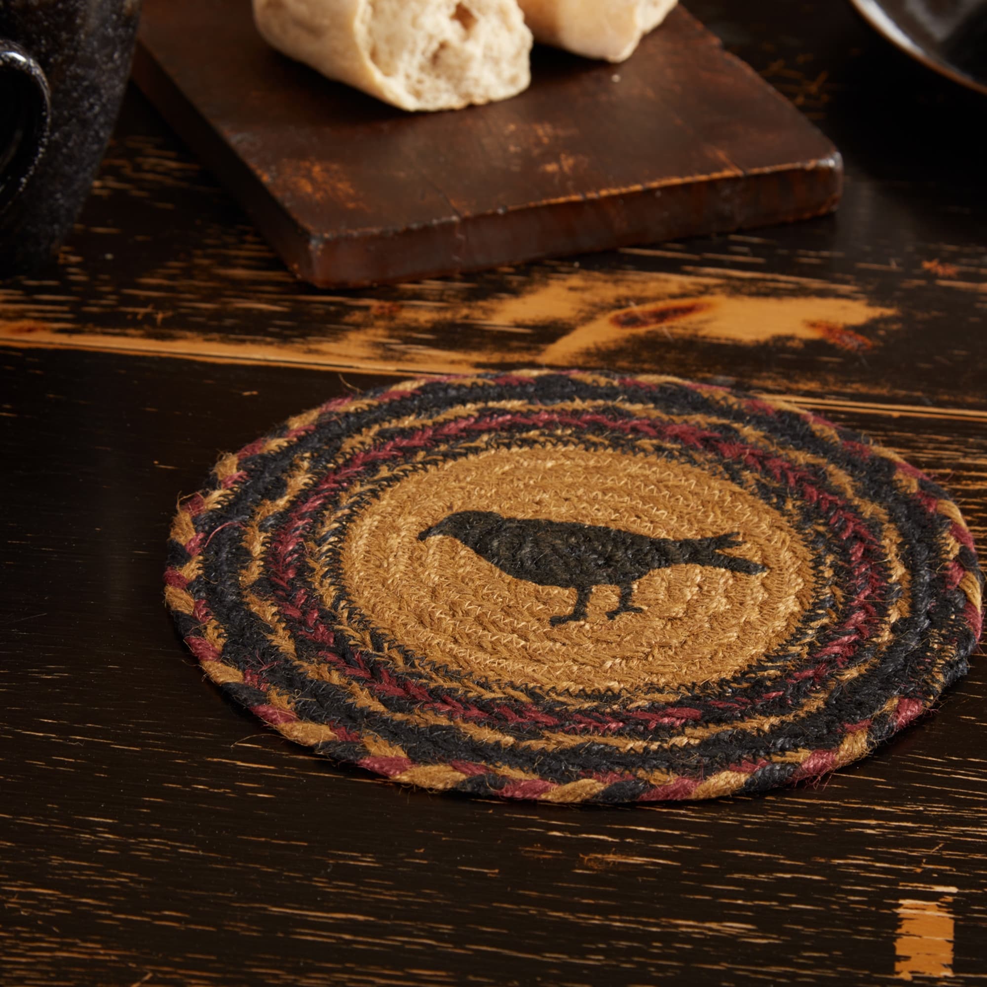 Vhc Heritage Farms Mustard Tan Yellow Primitive Tabletop Kitchen Crow Stenciled Jute Trivet