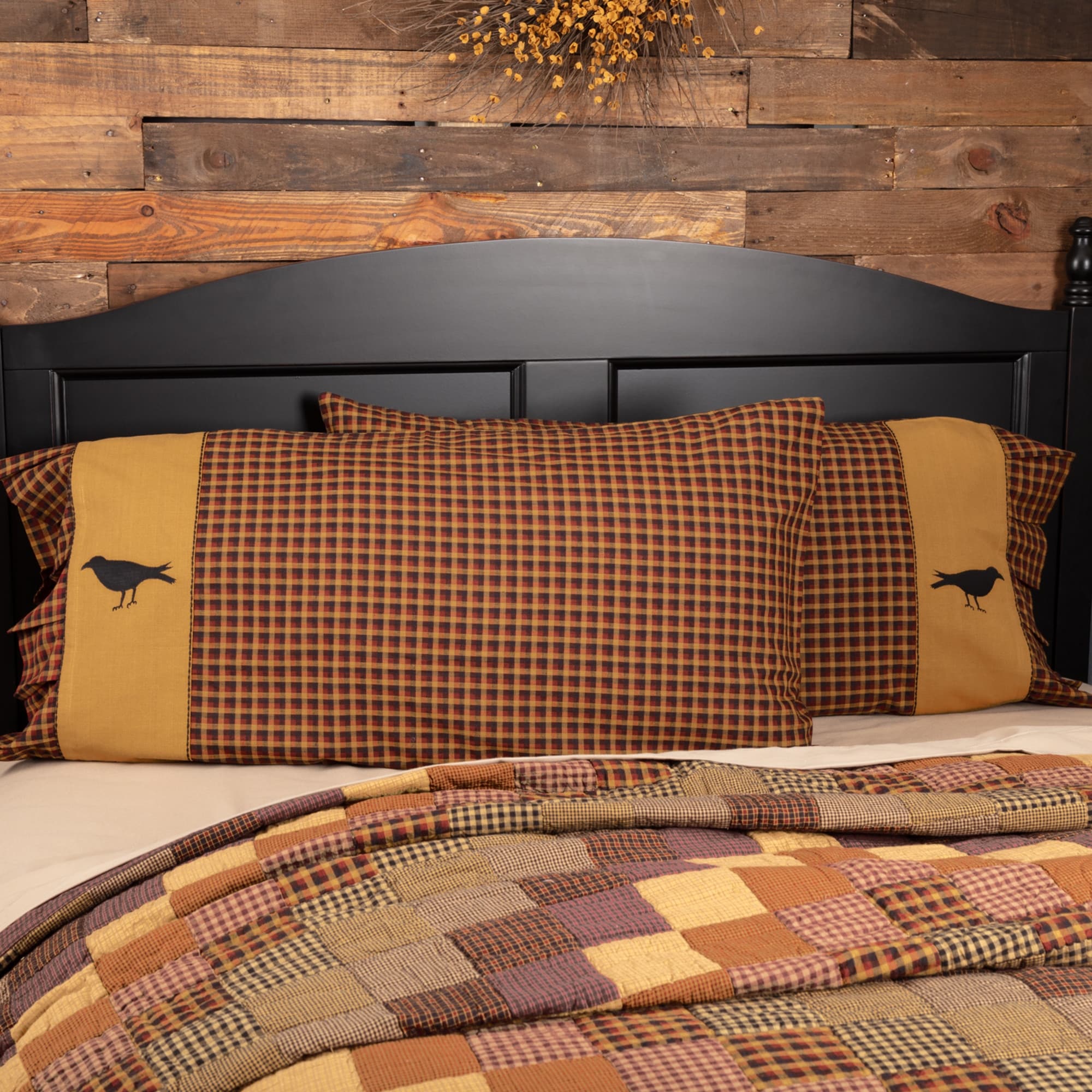 Vhc Crimson Red Primitive Rustic Bedding Heritage Farms Crow Embroidered Pillow Case Set Of 2