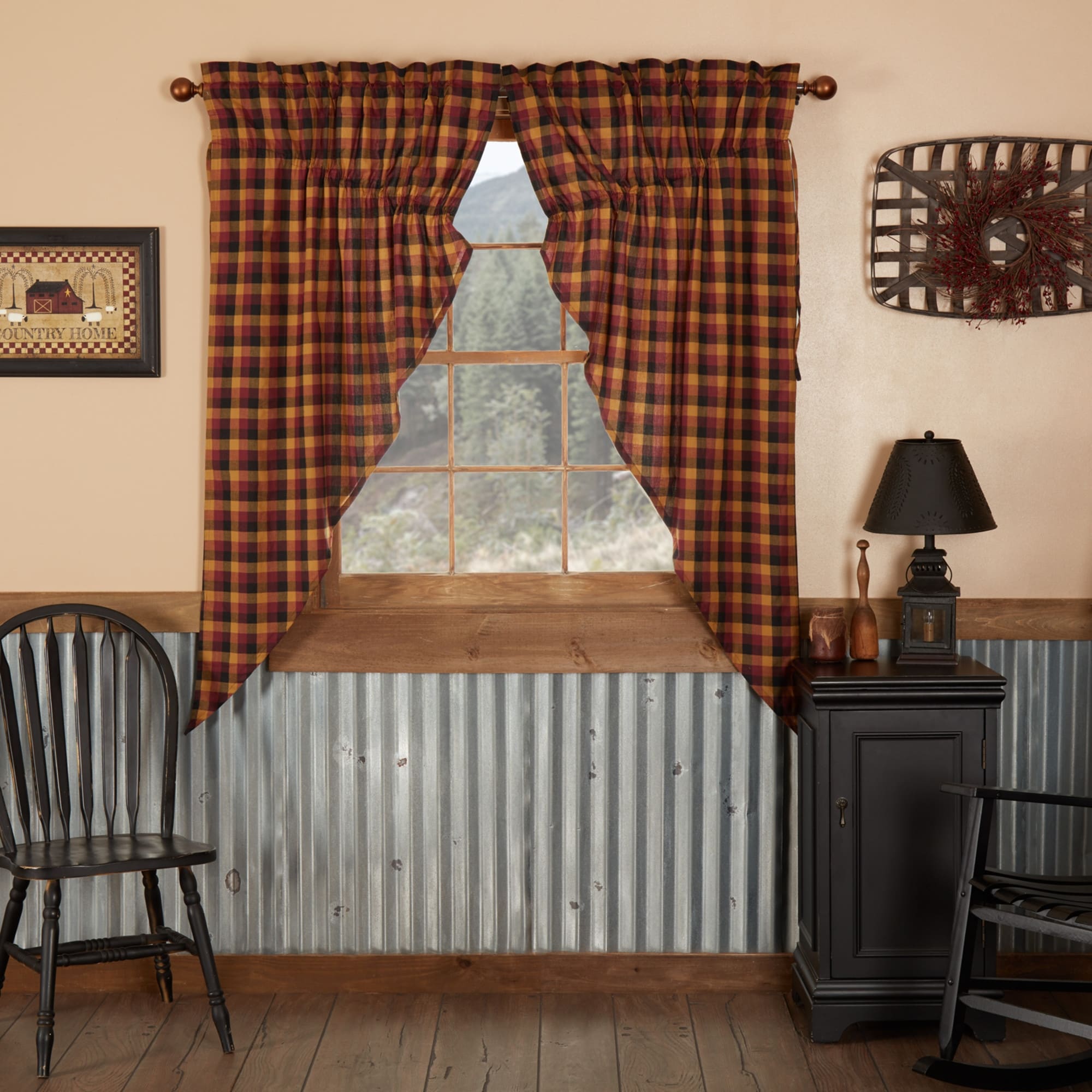 Primitive Check Lined Prairie Curtain Set 63 X 36