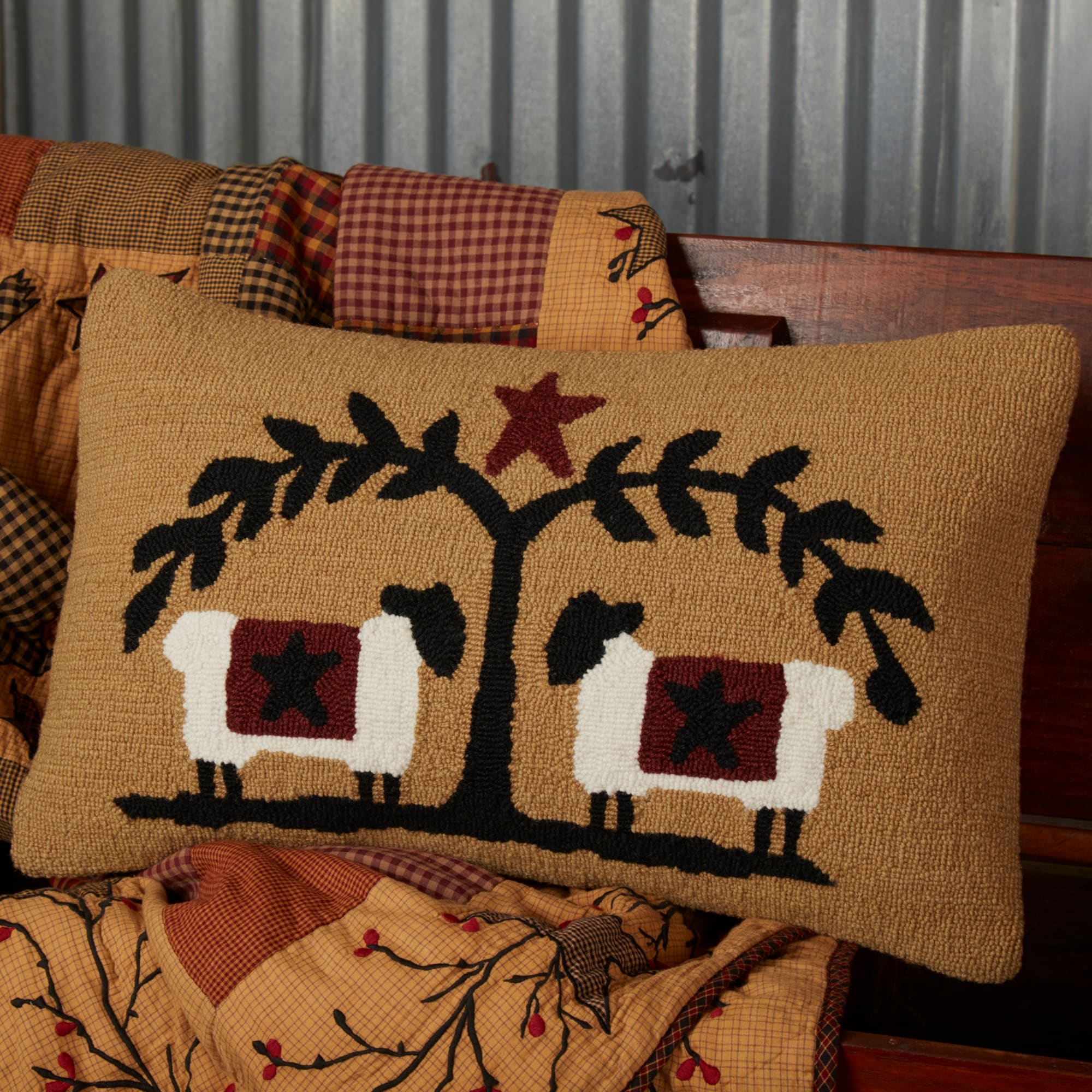Heritage Farms Sheep And Star Hooked Pillow 14X22