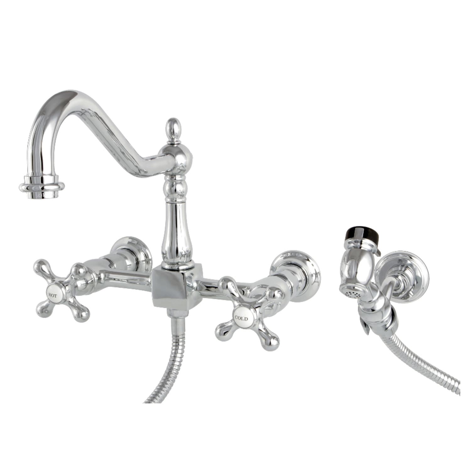 Heritage Two Handle Wall Mount Bridge Kitchen Faucet With Brass Sprayer