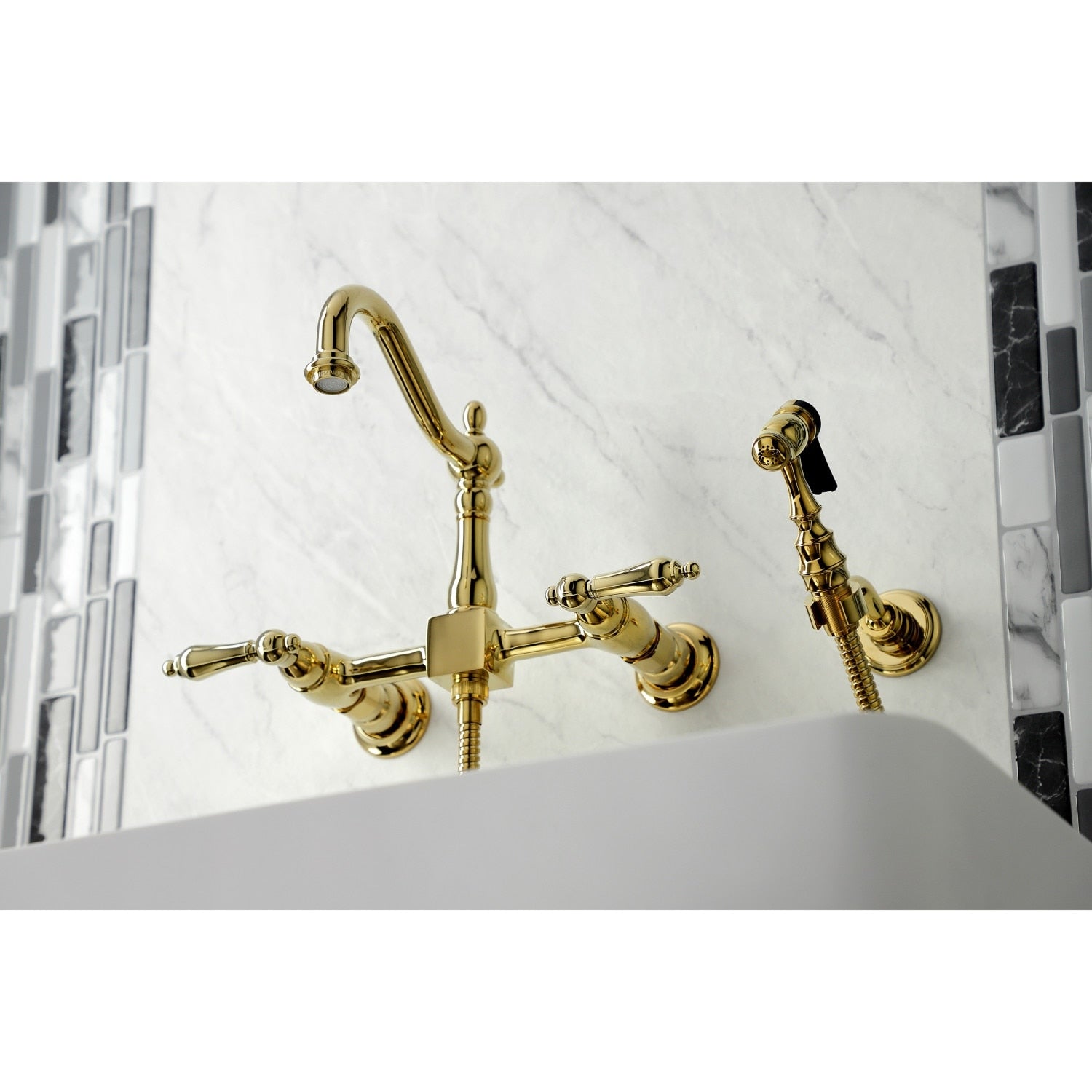Heritage Wall Mount Bridge Kitchen Faucet With Brass Sprayer