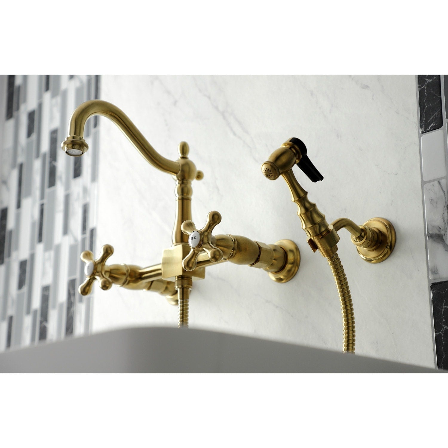 Heritage Wall Mount Bridge Kitchen Faucet With Brass Sprayer