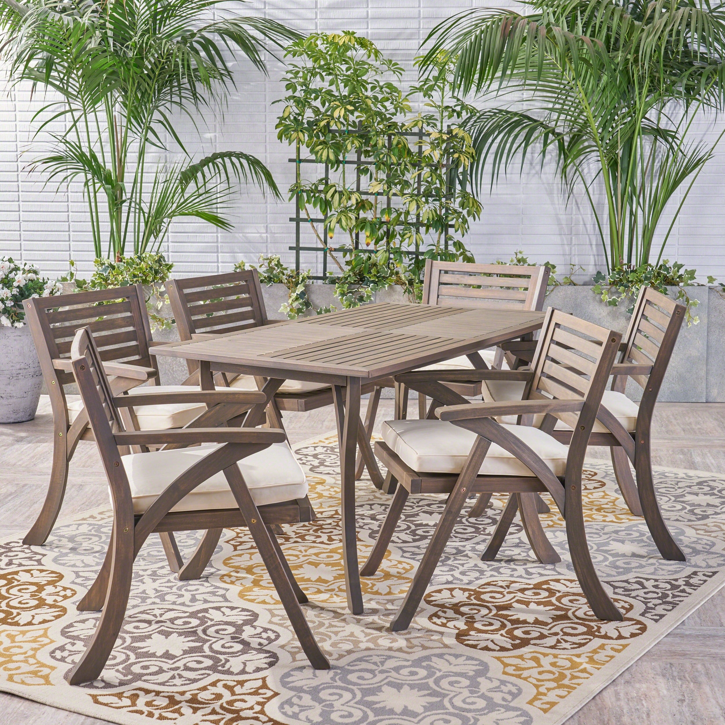 Hermosa Outdoor Acacia Wood 7 Piece Rectangle Dining Set With Cushions By Christopher Knight Home