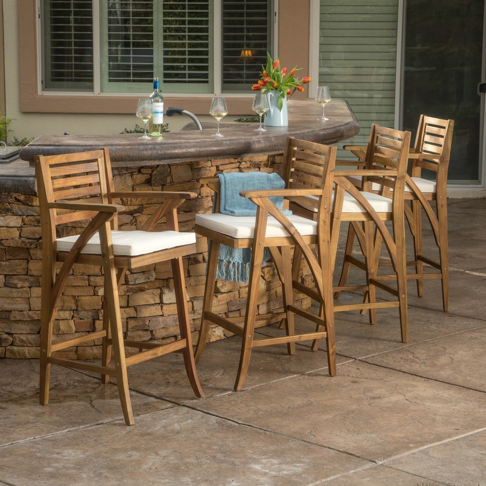 Hermosa Outdoor Acacia Wood Barstool With Cushion Set Of 4 By Christopher Knight Home