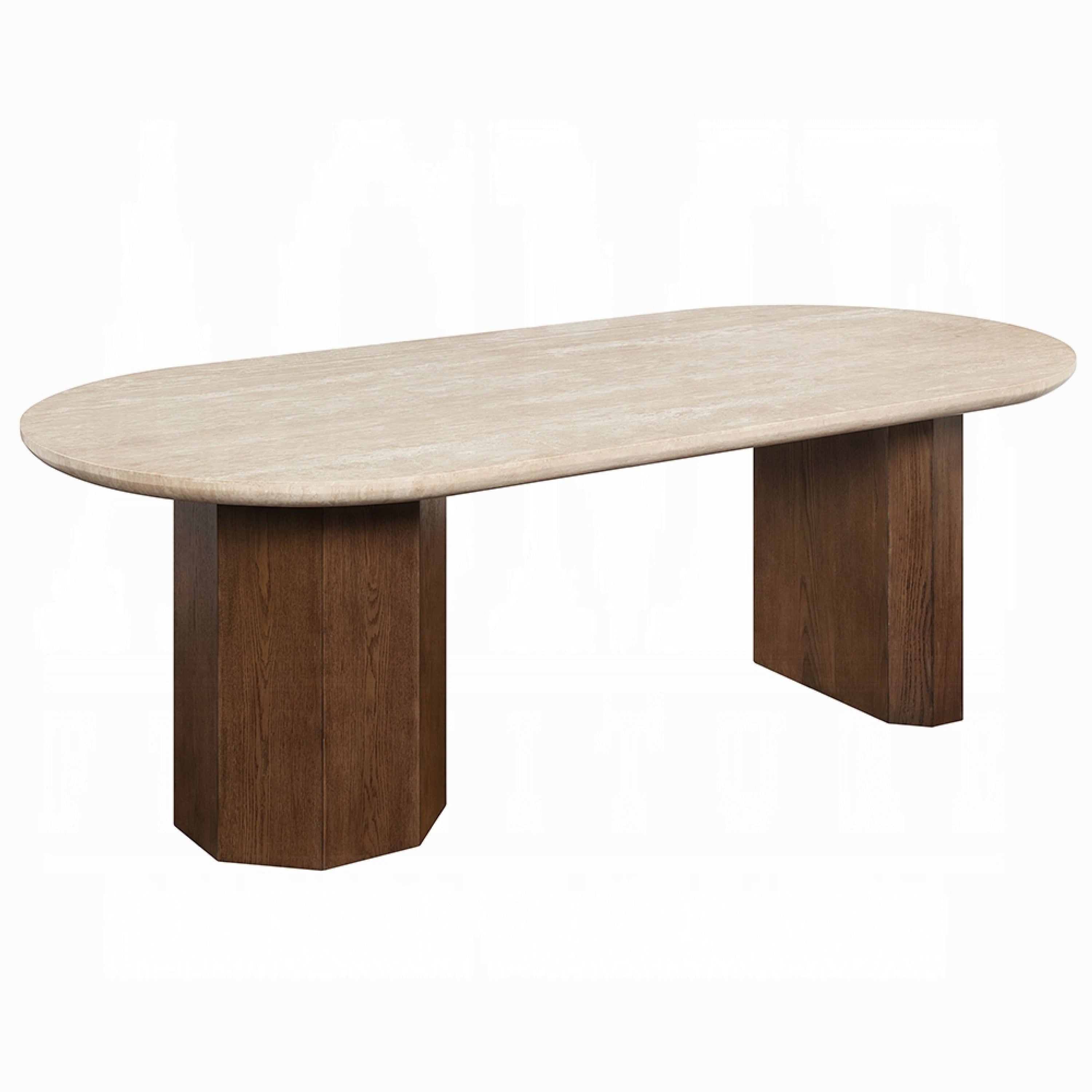 Hery Dining Table 87 Inch Oval Beige Travertine Stone Top Oak Brown