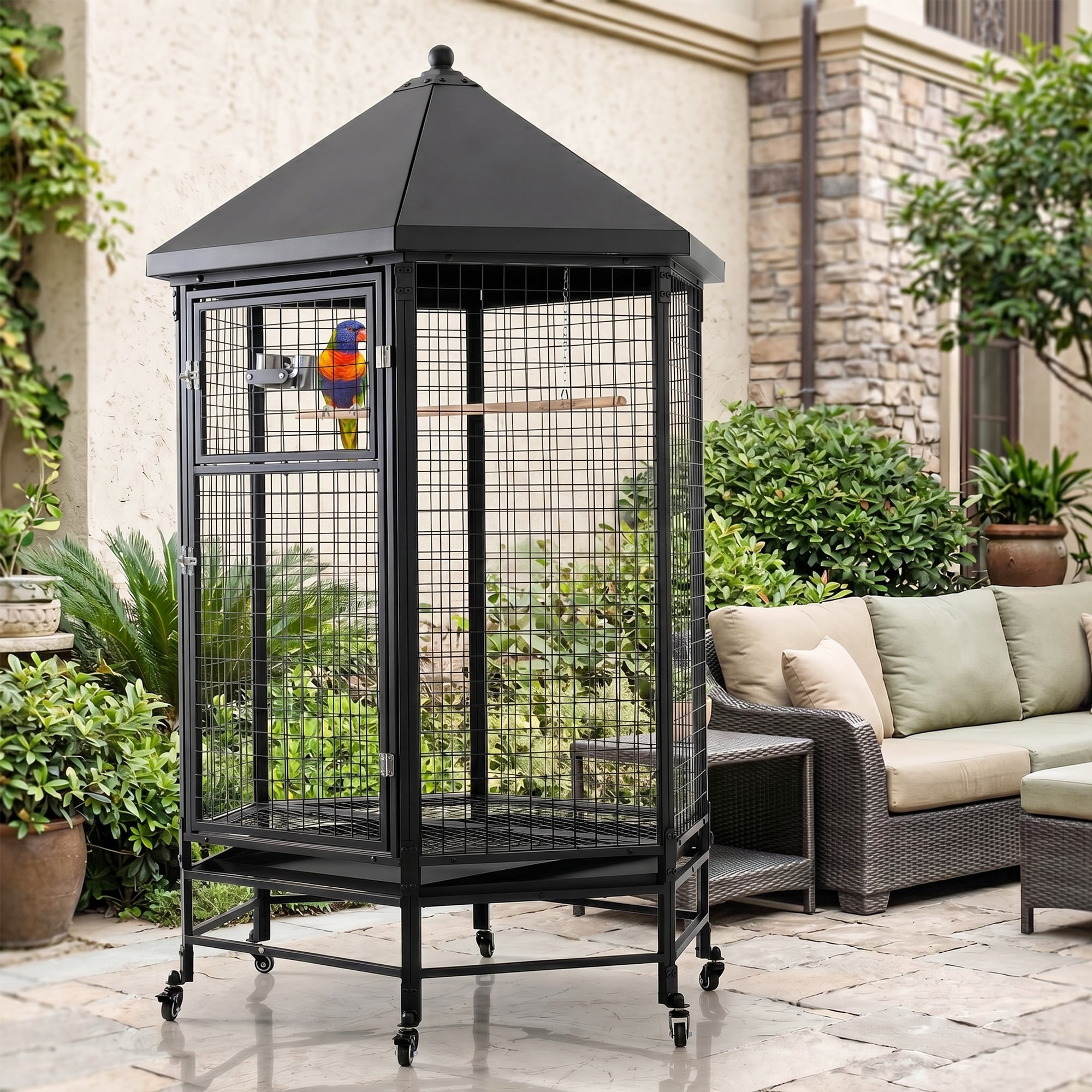Hexagon Spire Bird Cage On Locking Wheels