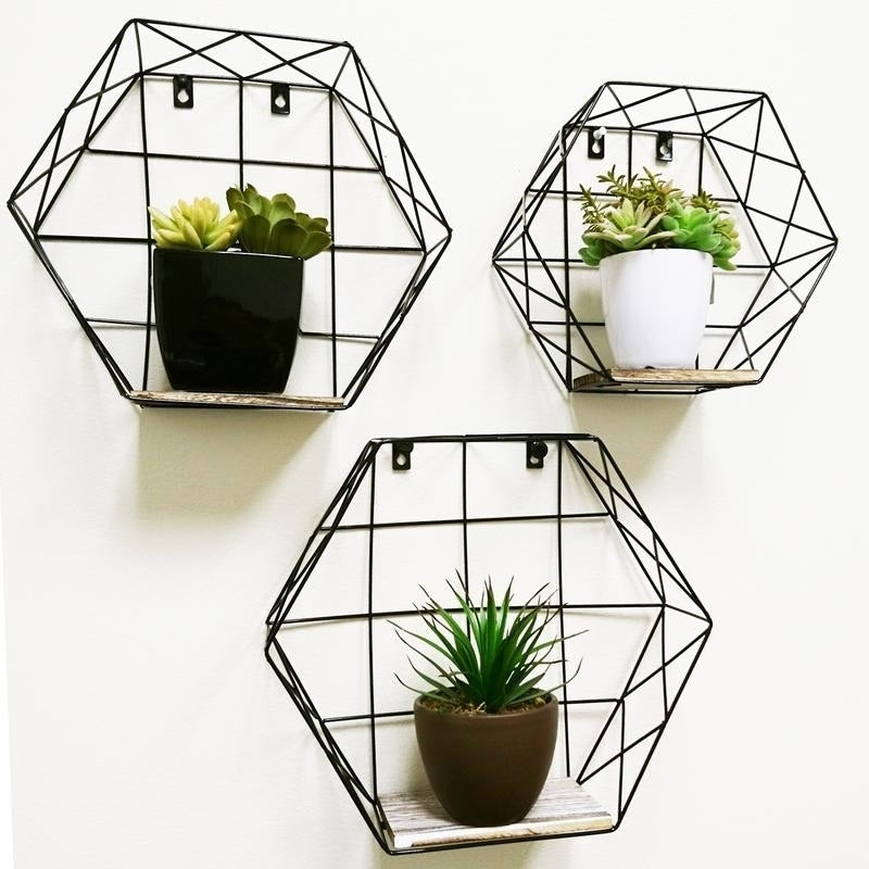 Hexagon Wall Mounted Metal Wire Hanging Storage Shelves Black 3Pcs
