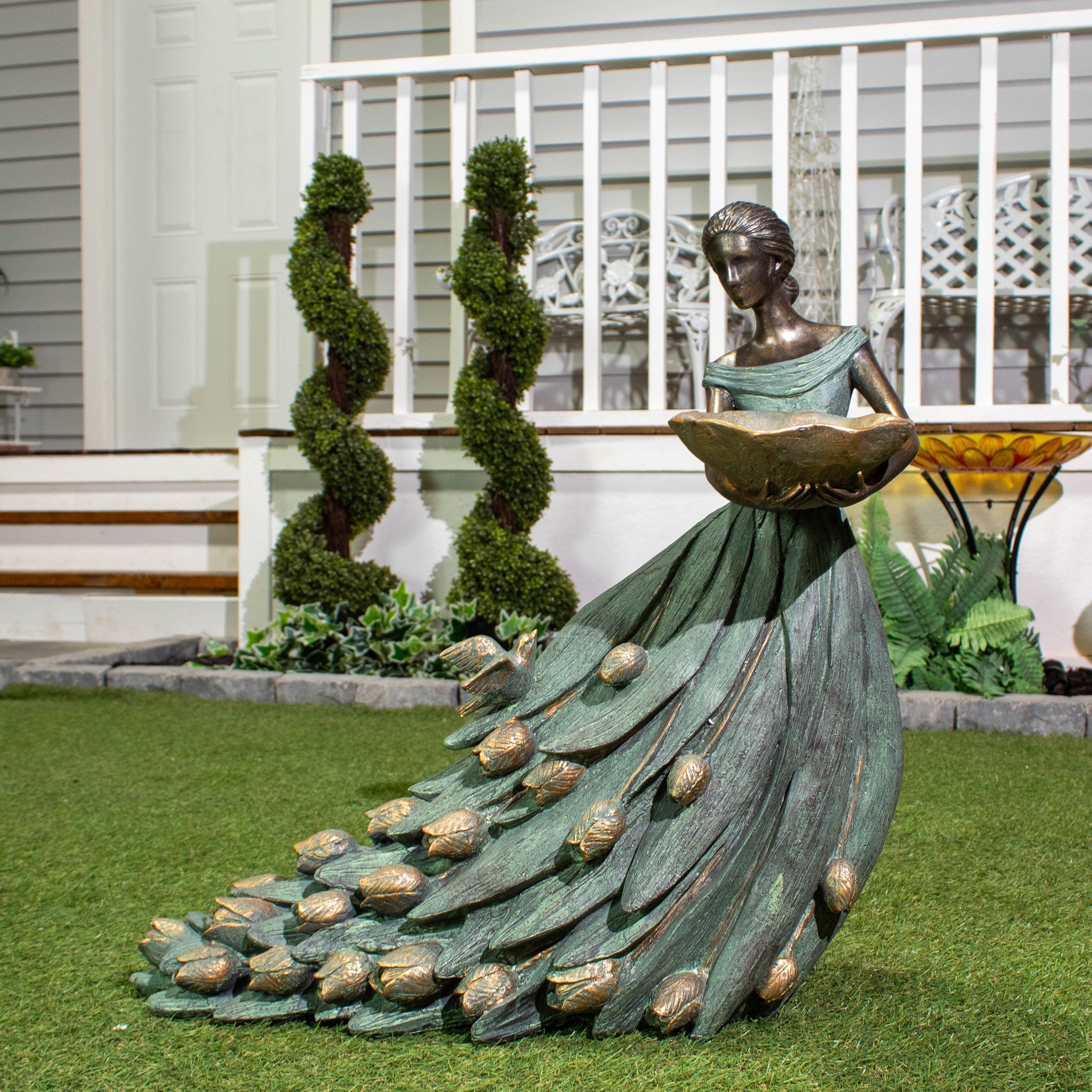 Hi Line Lady In Tulip Dress Bird Feeder Statue