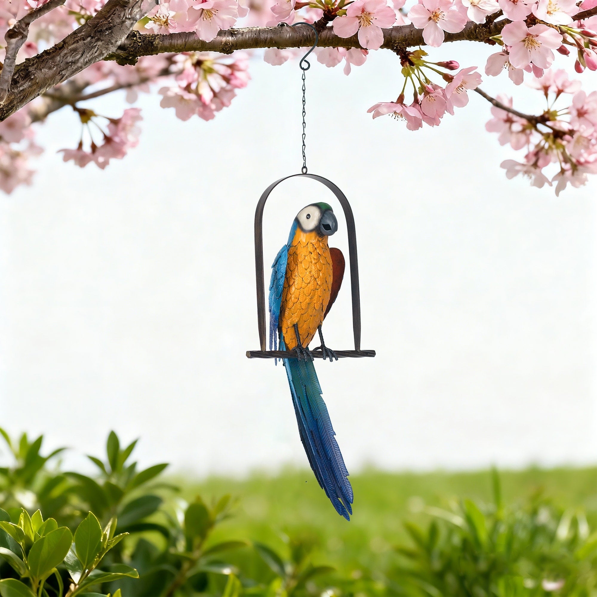 Hi Line Metal Hanging Blue Gold Macaw Statue