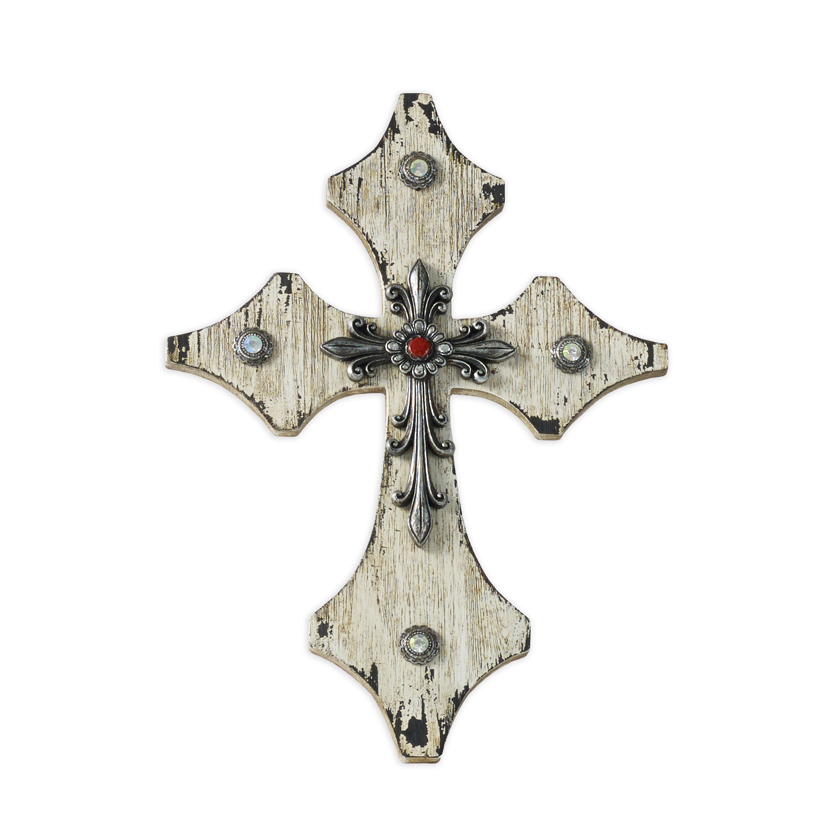 Hiend Accents Cream Wood Cross W Silver And Red Accents