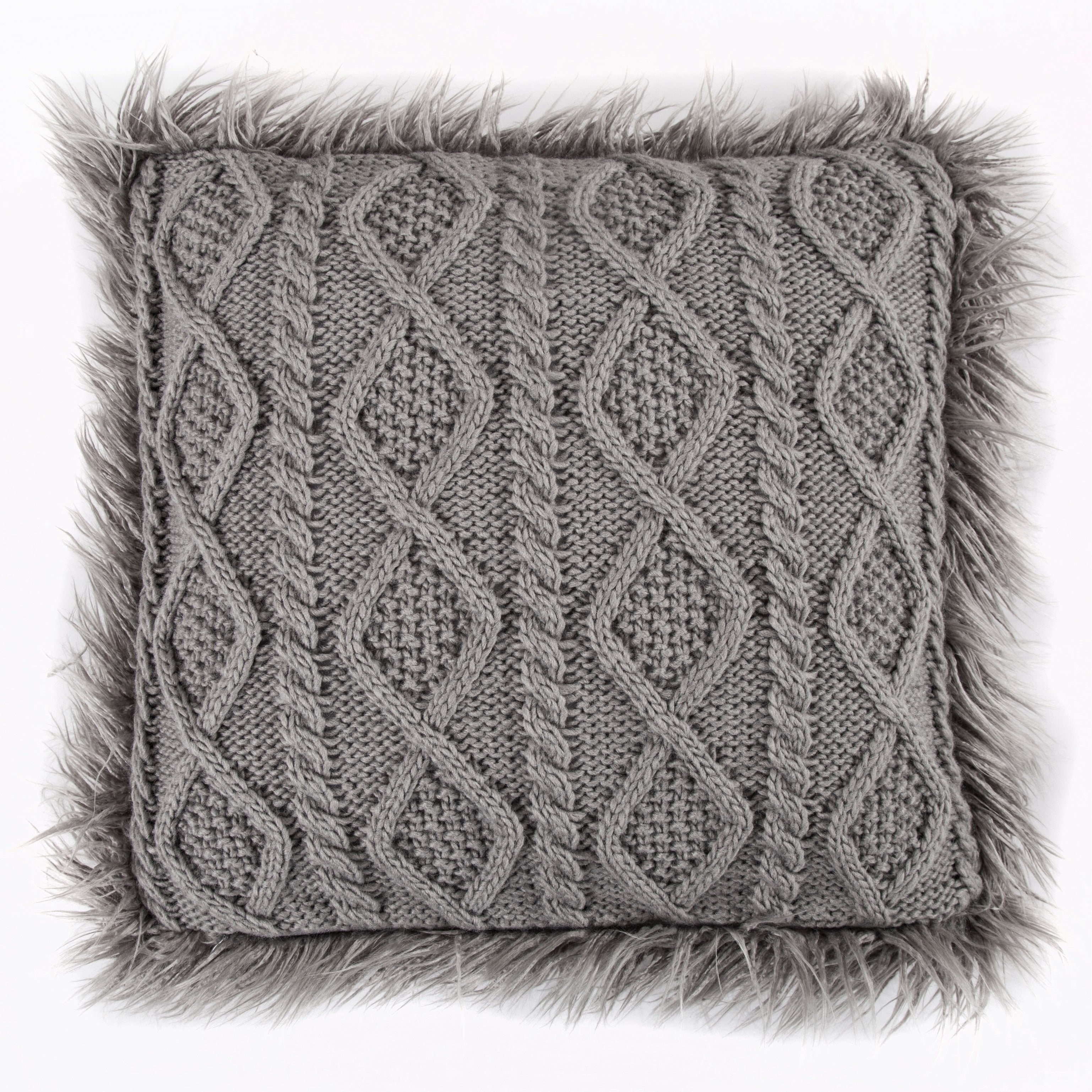 Hiend Accents Grey Faux Mongolian Fur Trim 18 Inch Nordic Cable Knit Pillow