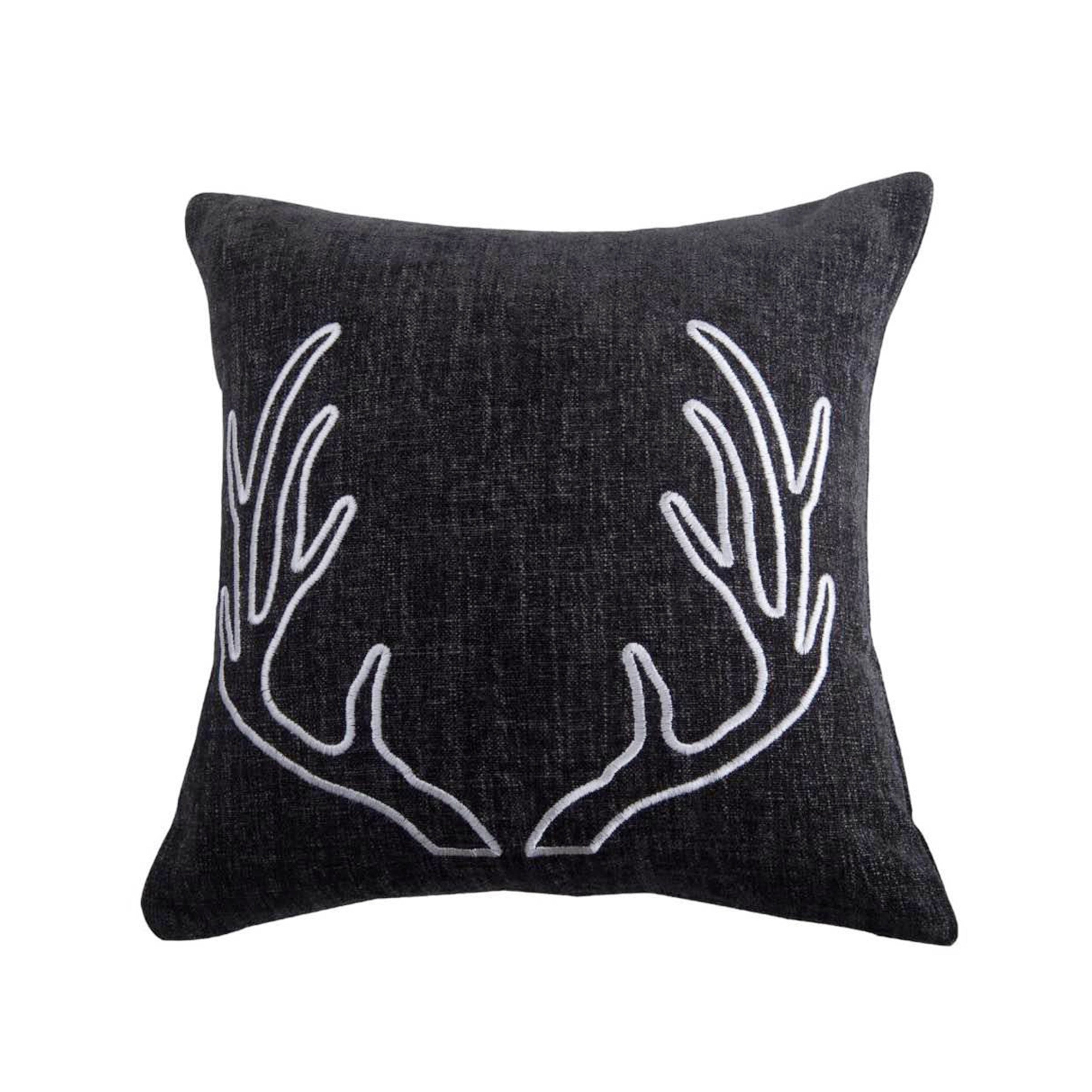 Hiend Accents Grey Chenille Decothrow Pillow With Embroidery White Antlers 18X18