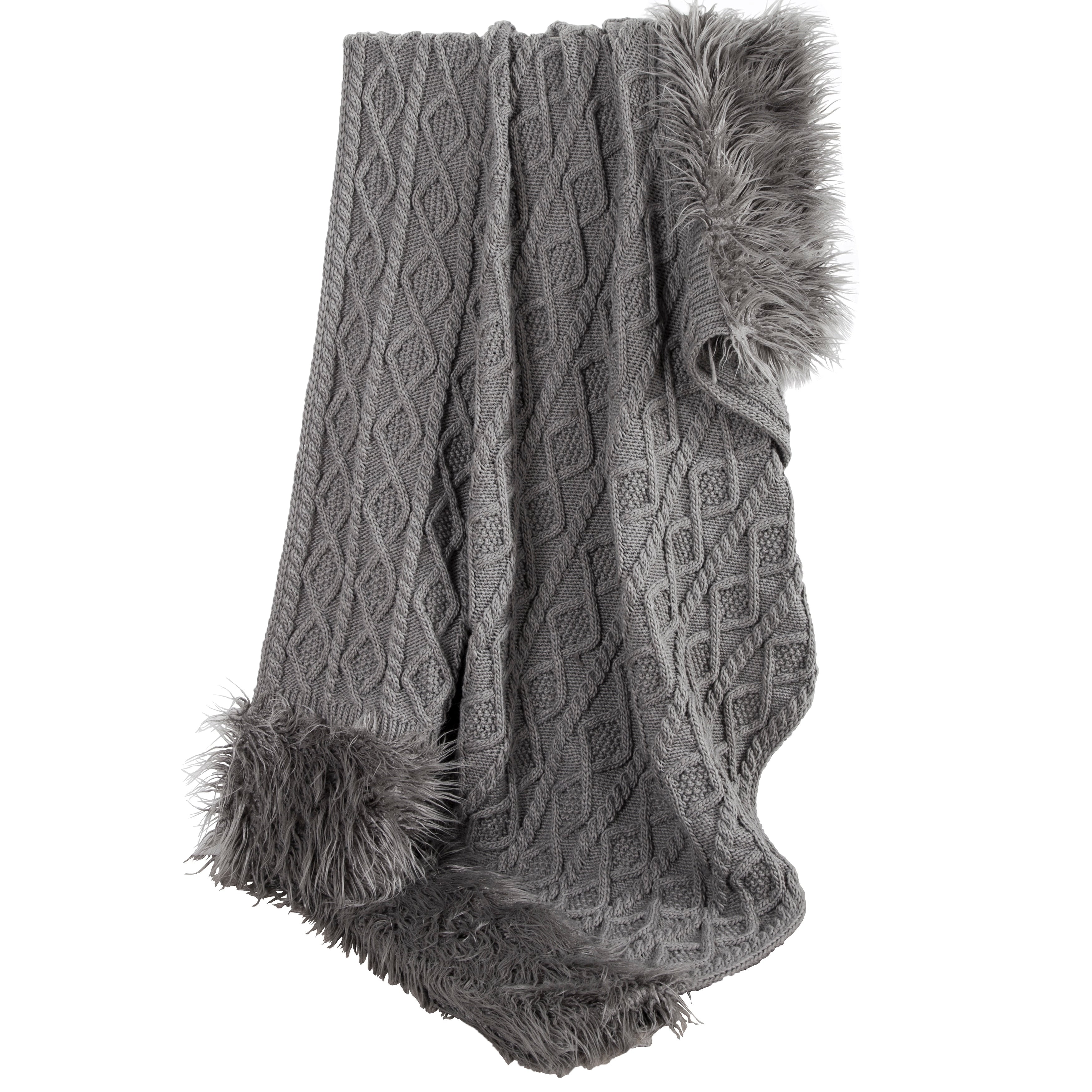 Hiend Accents Nordic Cable Knit Throw With Faux Mongolian Fur Trim 50X80 Grey