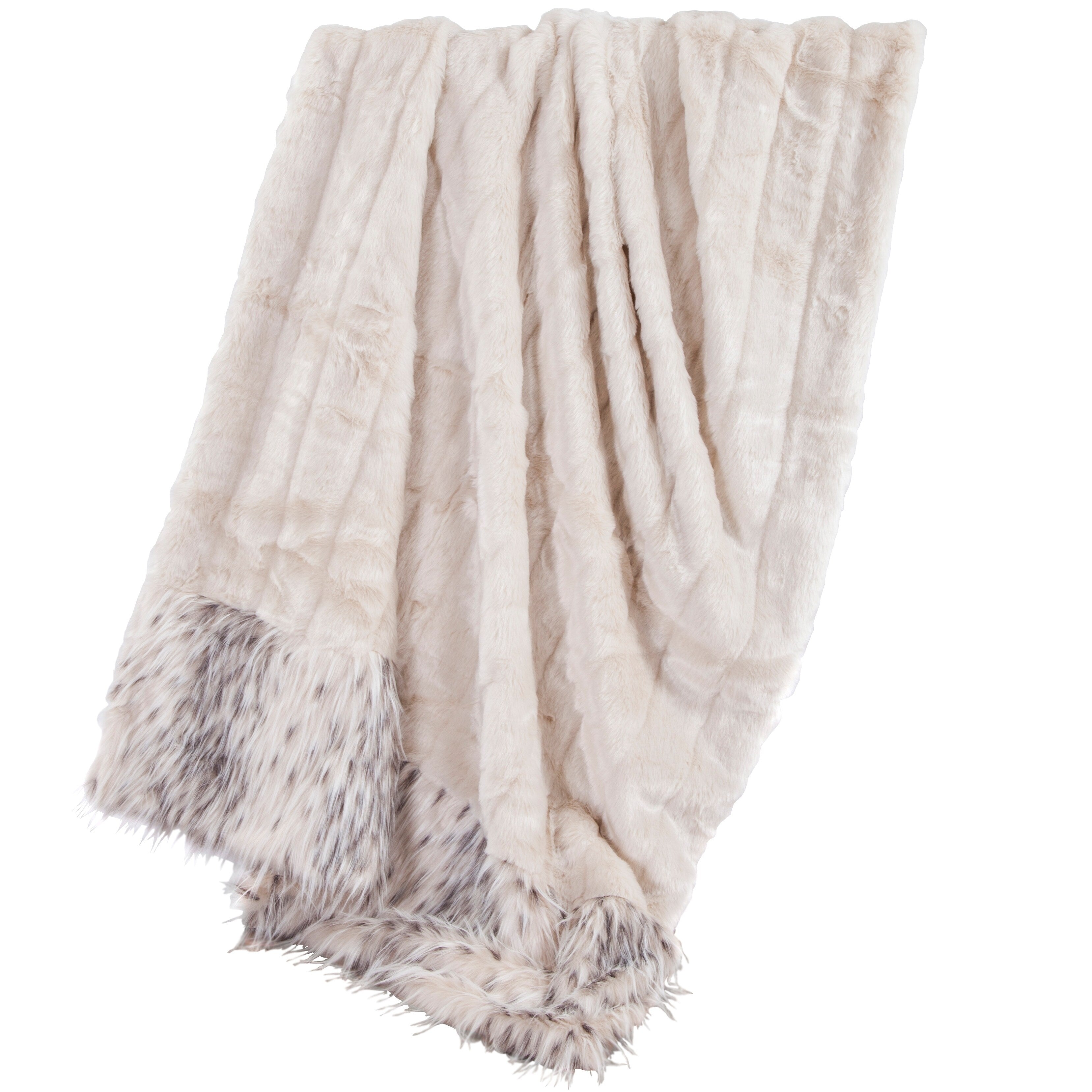 Hiend Accents Oversized White Faux Mink Throw With Faux Snow Leopard Fur Detail 50X80 White