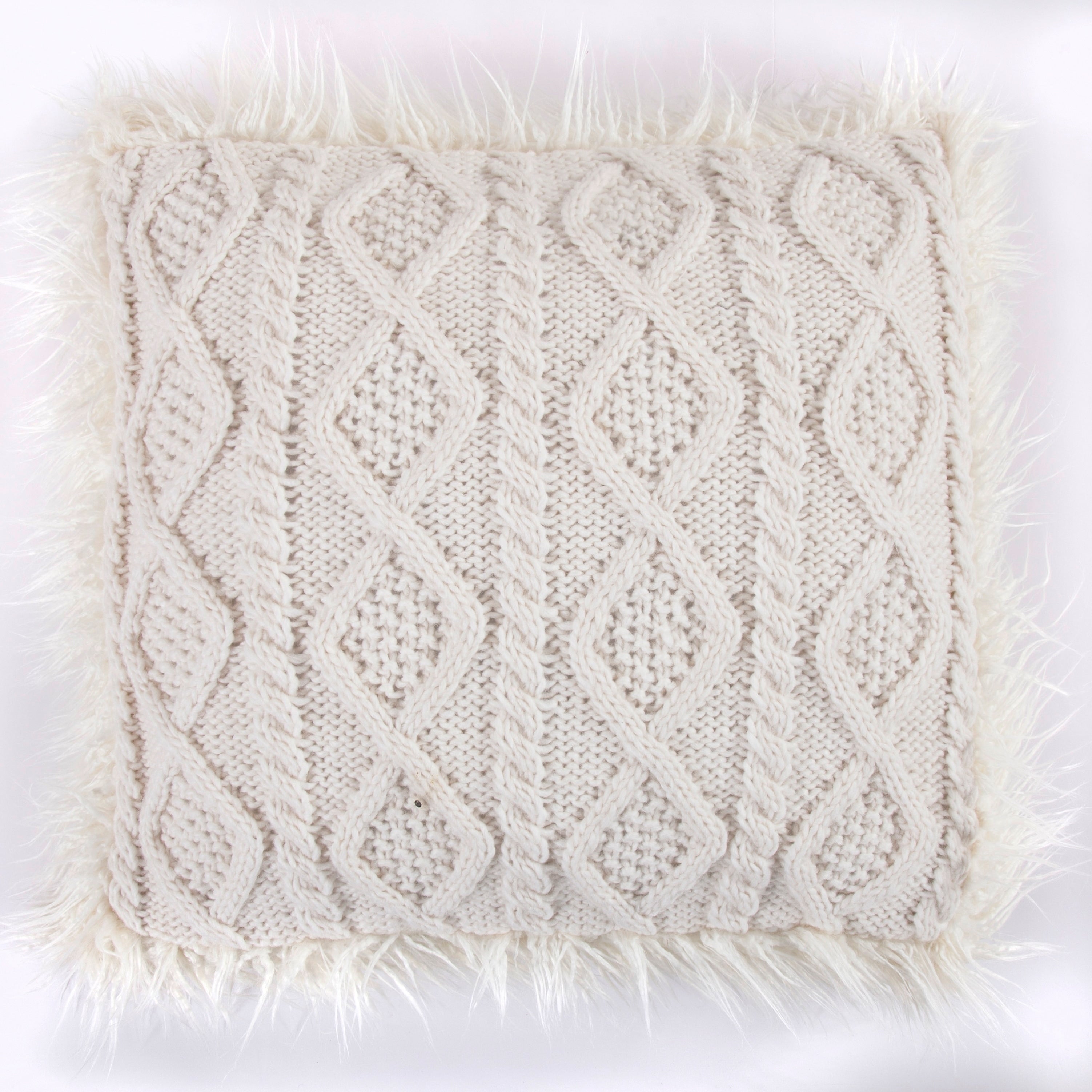 Hiend Accents Nordic Cable Knit Mongolian Fur Throw Pillow 18 X 18 White 1Pc